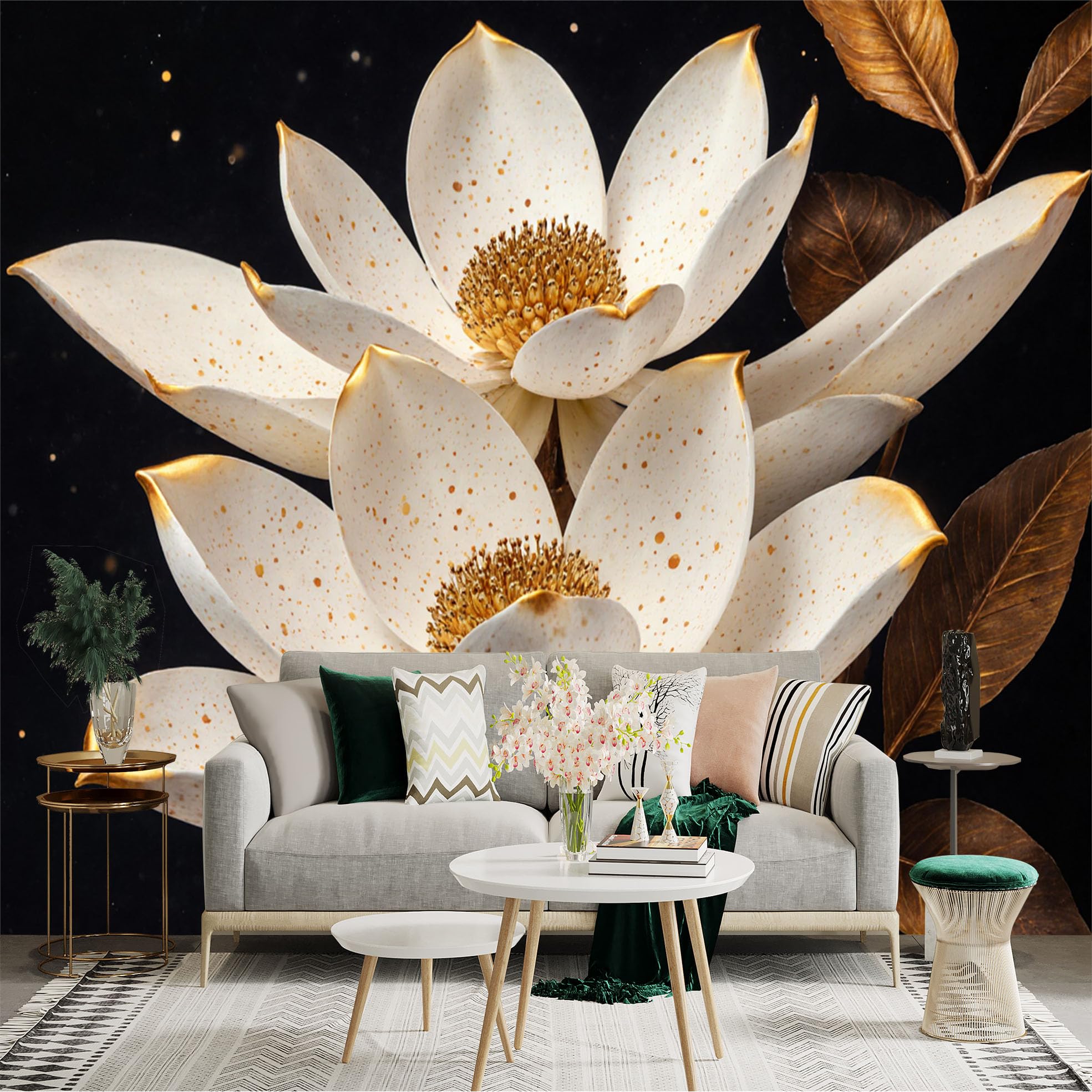 Custom Size Wall Sticker Mural， Elegant White Magnolia Flowers， Golden Speckled Petals， Luxury Botanical Art， Dark Background Decor， for wall Decoration， peelandstick wall Decals.
