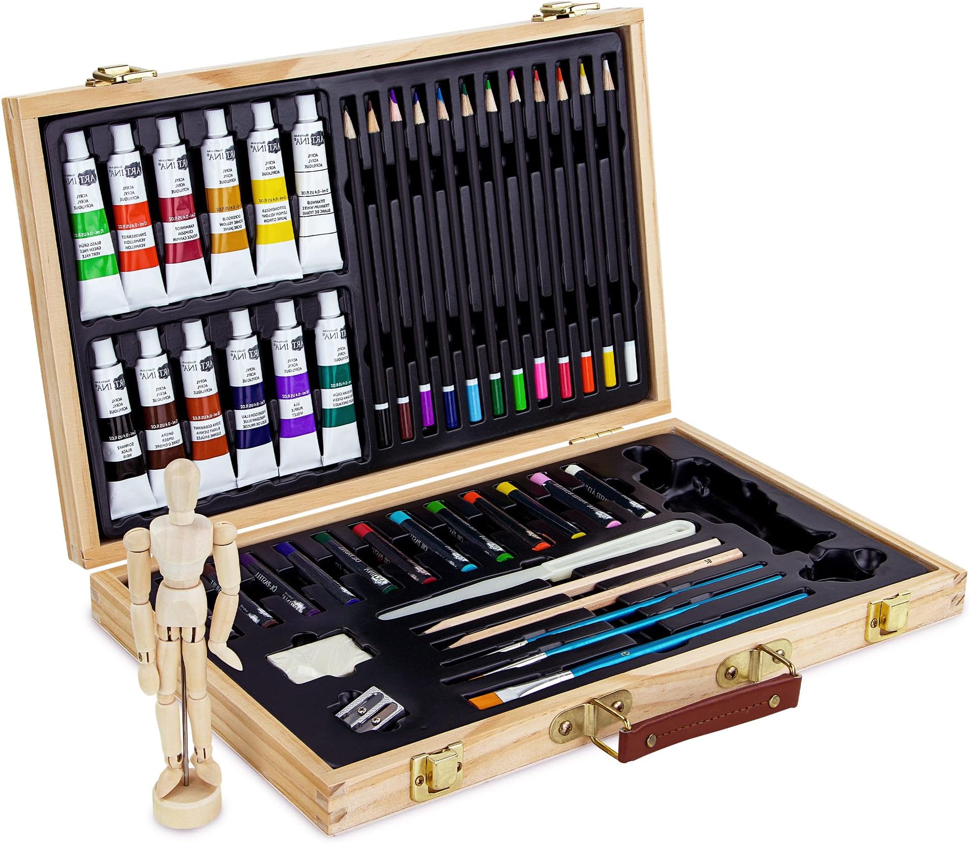 Artina 45pcs Acrylic Art Set Leonardo Beginner Painting Set with Wooden Case – Art Studio with Acrylic Paints, Jointed Doll, Brushes, Oil Pastels & Colouring Pencils