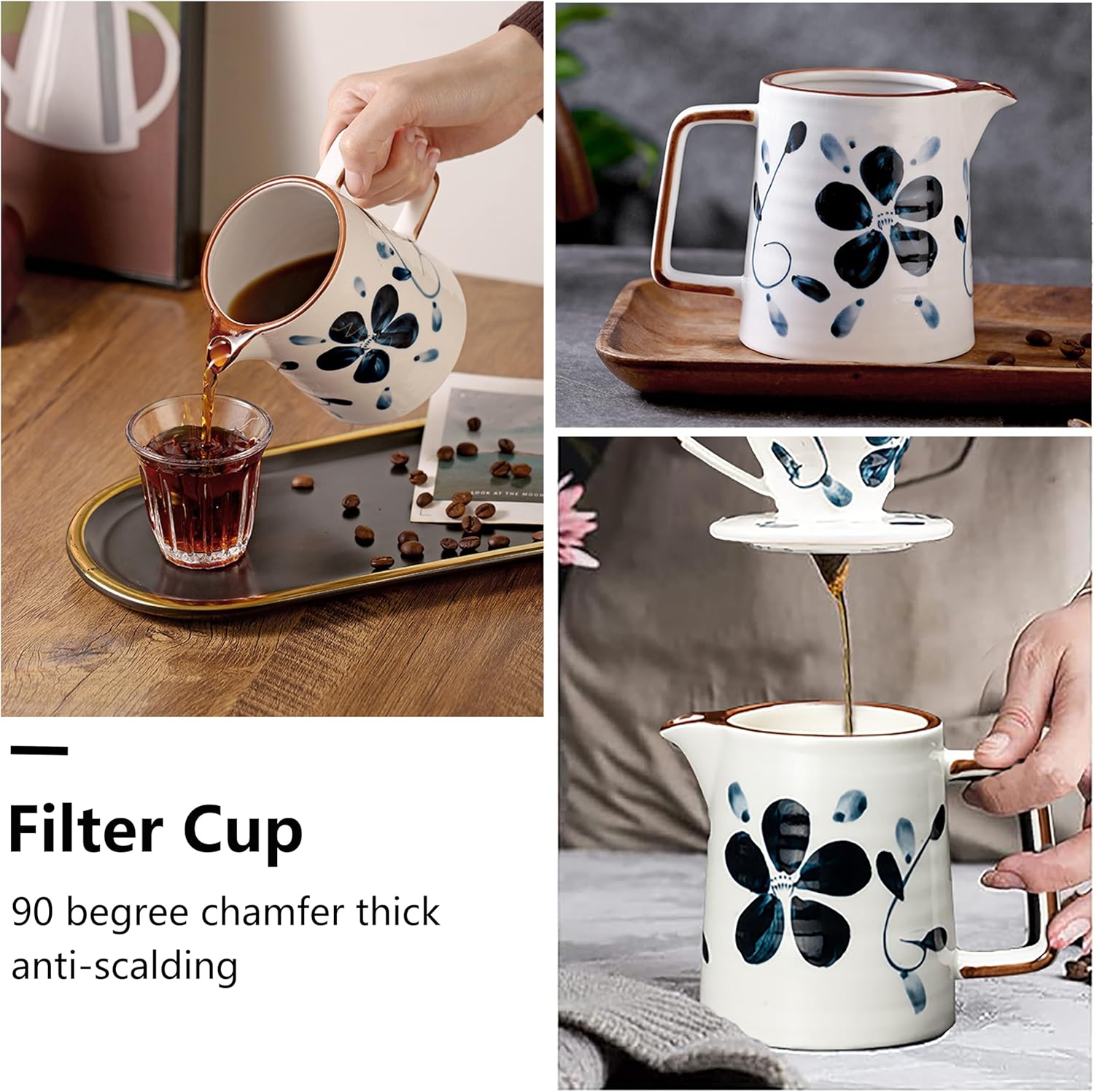 Pour Over Coffee Maker Set, 60 Angle ceramic Pour Over Coffee Maker Dripper Filter & Decanter for 1-4 People, Ceramic Coffee Dripper Set with 100 Count Paper Coffee Filters(Coffee Filter +Kettle)