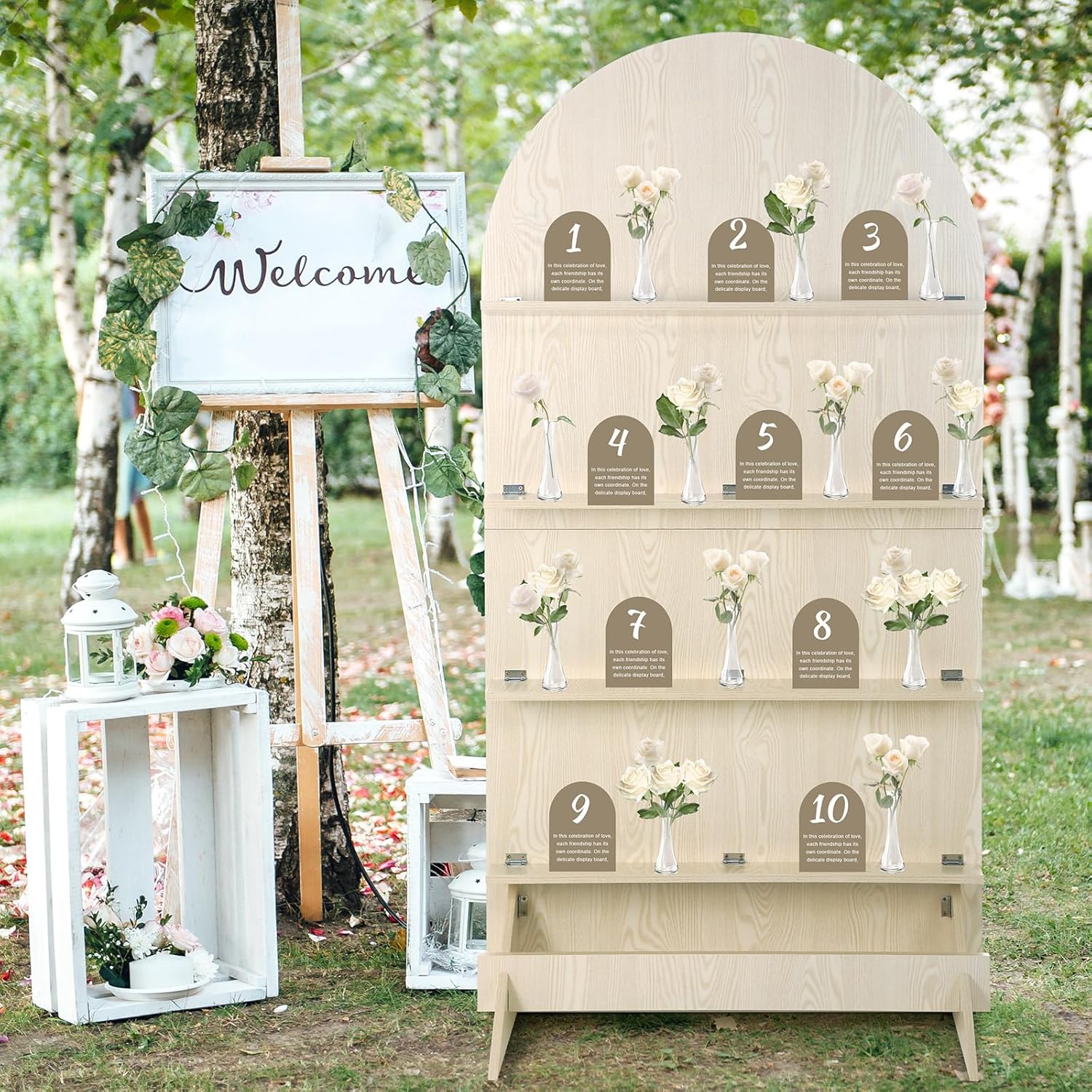 5.9 ft Wooden Arch Party Display 4 Tier Champagne Wall Foldable Treat Wall Display Backdrop Wedding Drink Shelves for Wedding Birthday Event Party Decor (Wood)