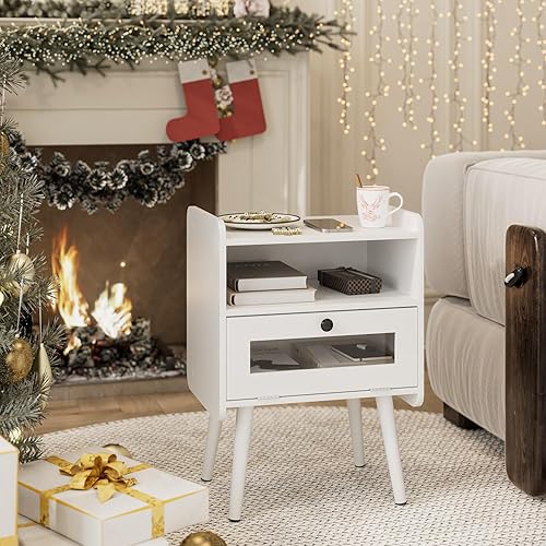 Miniatura 8 de Masupu Mesita de noche, mesa auxiliar moderna, mesita de noche con cajón de almacenamiento y estante de madera abierto, mesa auxiliar pequeña con