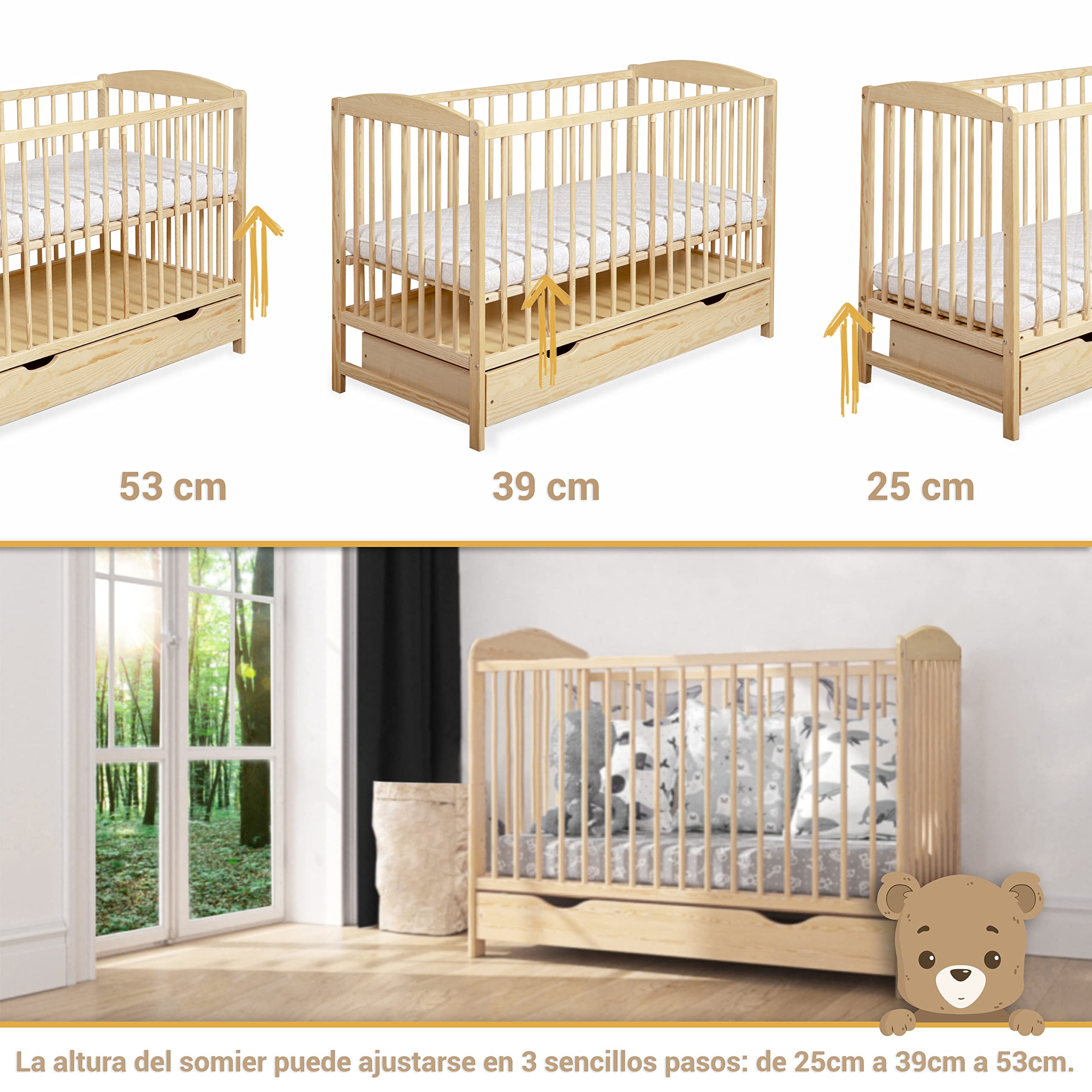 Cuna Bebe con Cajón - Cuna Bebe Madera con Barandillas de Protección - 60x120cm - Regulable en Altura - Cuna para Bebe Convertible en Cama Infantil - Cuna de Bebe para Niñas y Niños Marrón