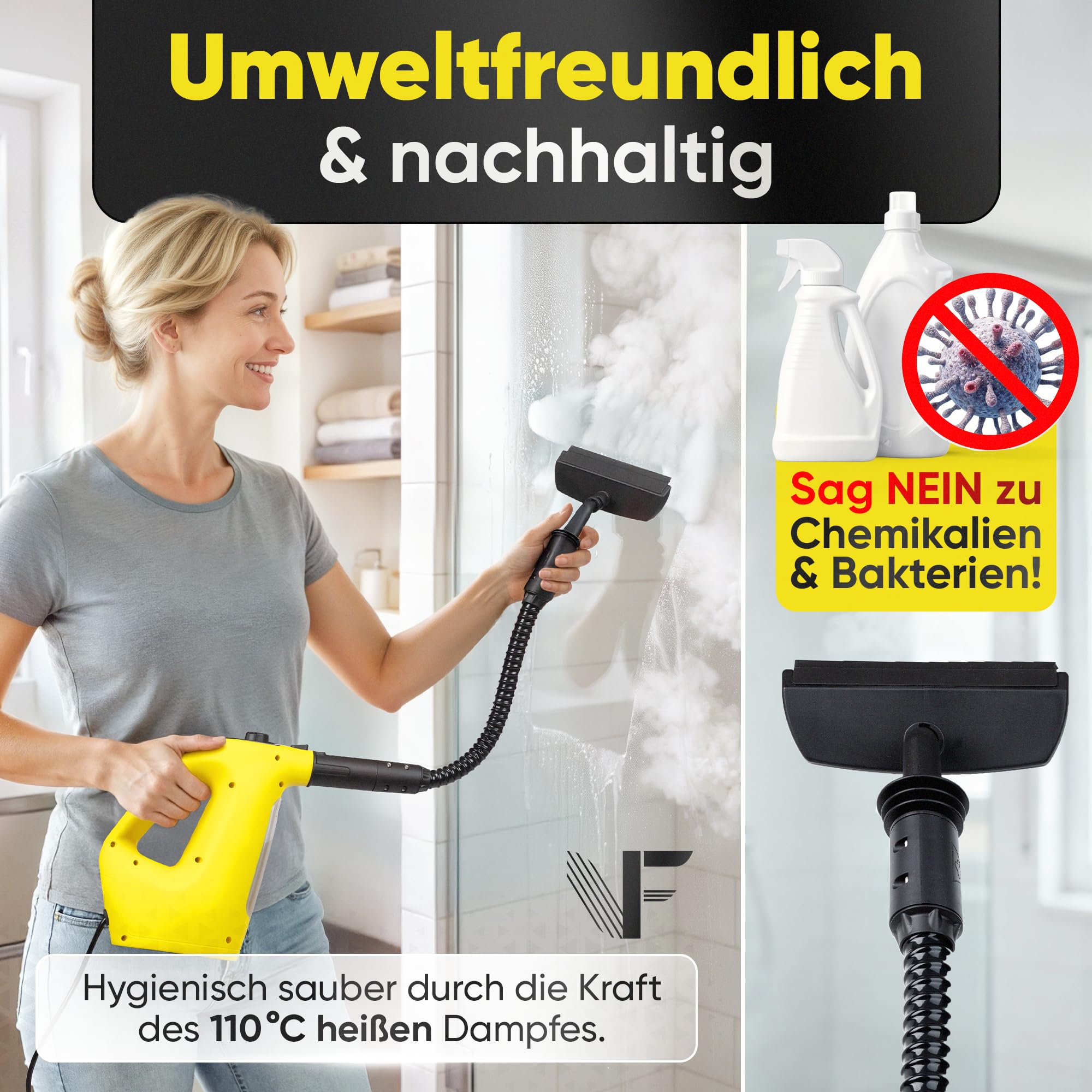 Neighbour's Friend® Dampfreiniger 2 in 1 mit Dampf Mop Funktion – Leistungsstarker Handdampfreiniger 1500W, 4m Kabel, 450ml Tank I Dampfreiniger Handgerät für Boden, Fenster, Bad, Teppich, Küche