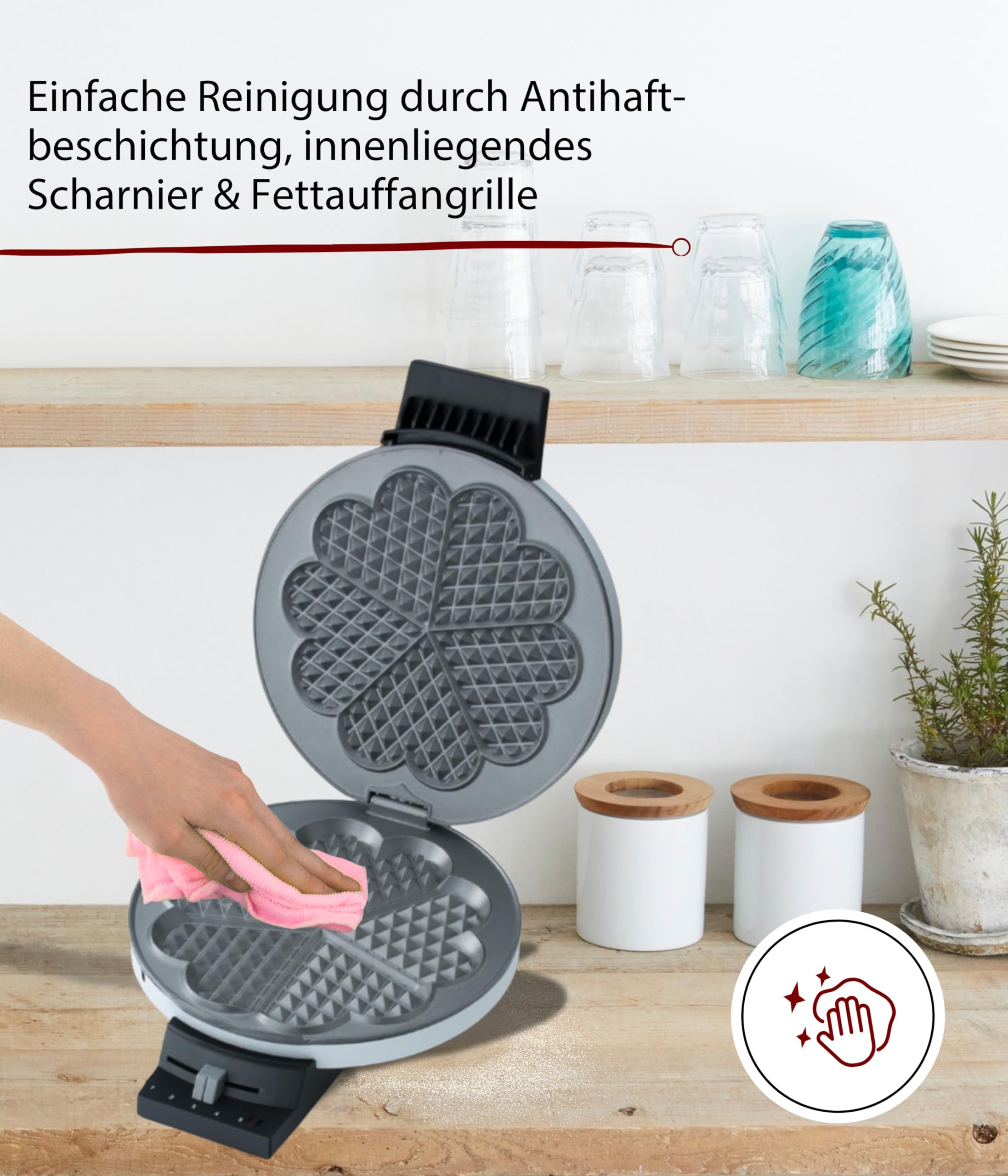 Cloer 120 Waffeleisen für eine XXL-Herzwaffel mit 19,5 cm Durchmesser, Herzwaffeleisen mit Antihaftbeschichtung, stufenlosem Bräunungsgrad und Backampel, Weiß, 930 W