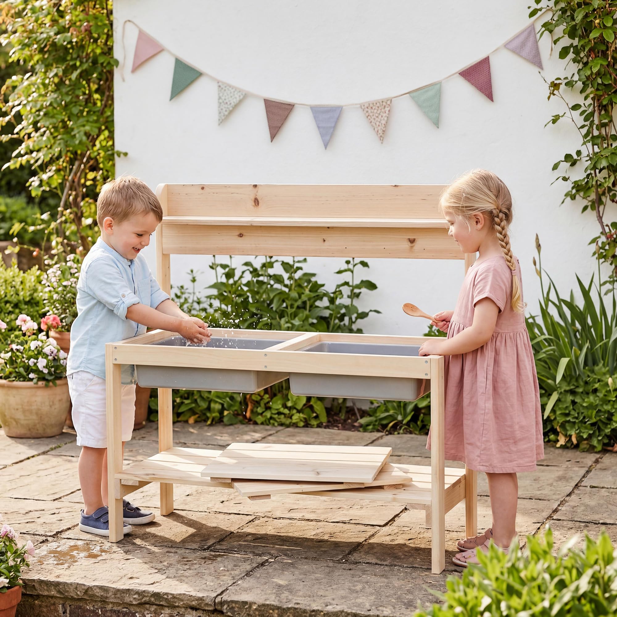 roba Kinder Outdoor+ Gartenküche "Fun" - Holz - Matschküche mit Abnehmbarer Abdeckung - Natur