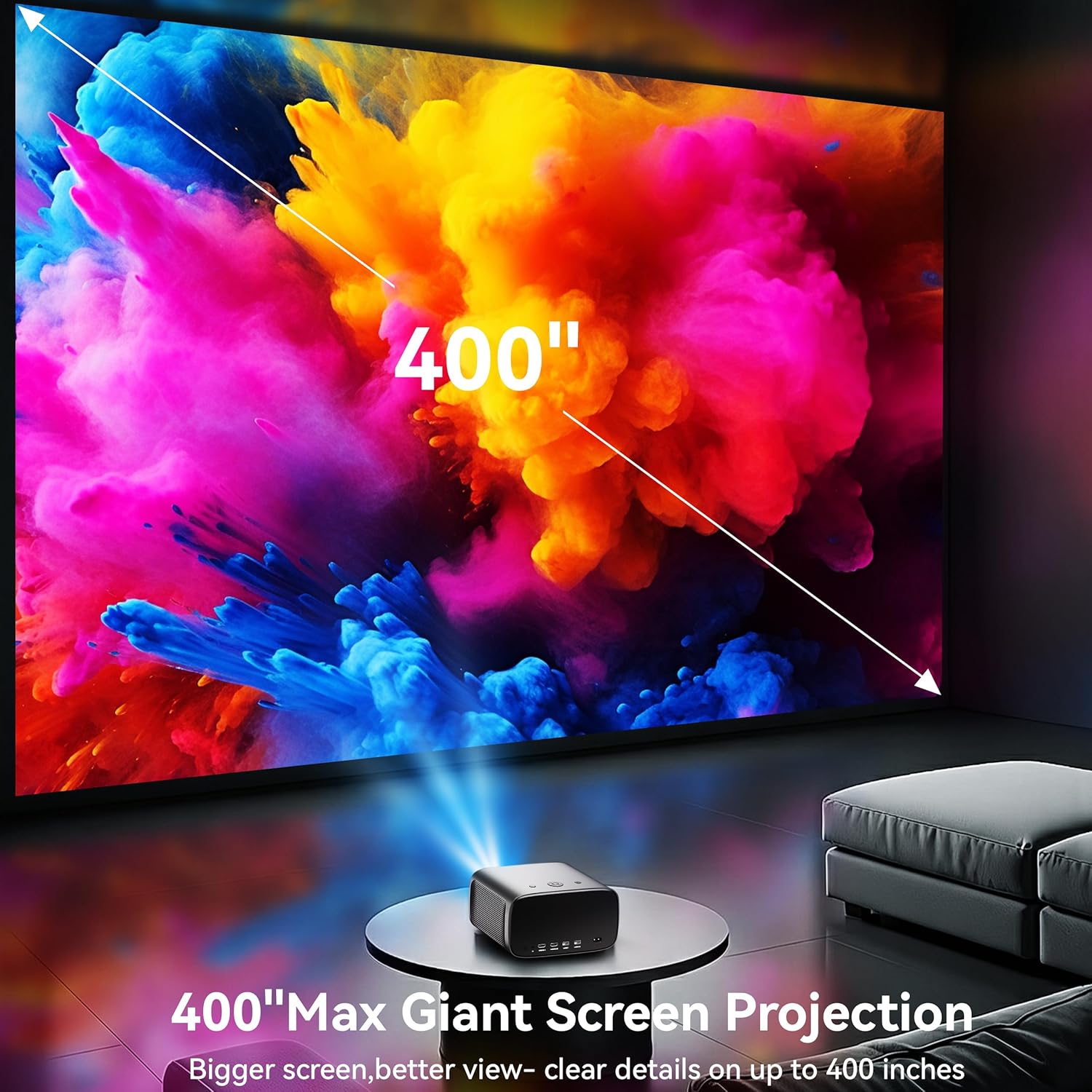【1200 ANSI/4K Supported/Netflix Licensed】Smart Projector with WiFi and Bluetooth, Movie Home Theater with AI Auto Focus&Keystone, Video Projector with Dolby, 400'' Display for Indoor/Outdoor Proyector