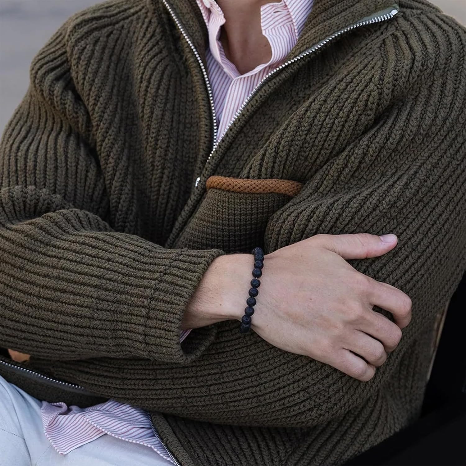 Elegatto Premium Loa Stone Beaded Bracelet for Men | Natural Lava Stone Beads with Silver Polished Stainless Steel Accents | Men’s Designer Bracelets - Image 4