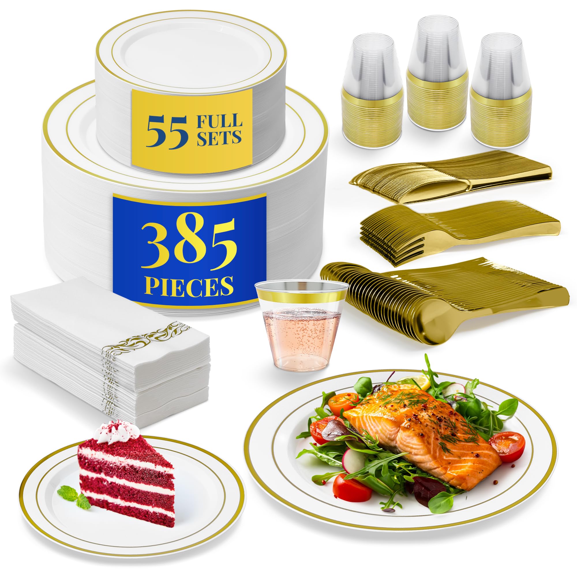 Reli. Plastic Plates for Party | 385 Pieces | White w/Gold Rim | Plates and Napkins Party Supplies | Disposable Dinnerware Set for 55 Guests | Dinner