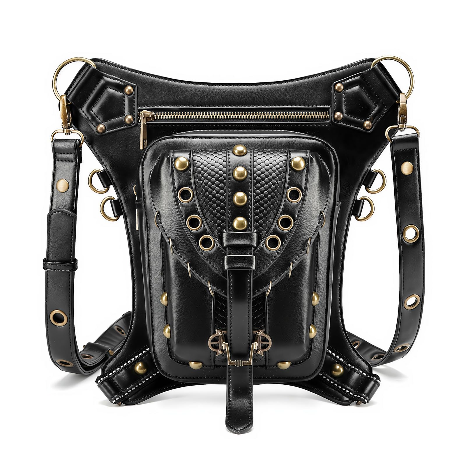 Maizoon Torba biodrowa w stylu retro z nitami pierścień opadająca noga plecak pas biodrowy torba na ramię crossbody dla mężczyzn i kobiet na zewnątrz motocykl, c, Plecak na co dzień