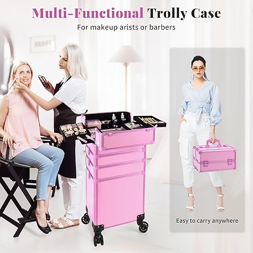 Miniatura 7 de Estuche profesional de tren de maquillaje con tapa, estuche de cosmetología 5 en 1 con ruedas, organizador grande de cosméticos para viajes para