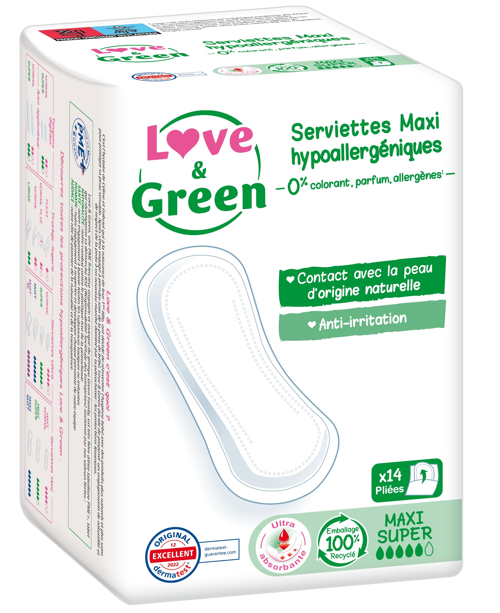 Love & Green Serviettes hygiéniques, écologiques et hypoallergéniques - certifiées Ecolabel et Dermatest - "​MAXI SUPER" x 14 : Sans colorant, parfum, allergènes