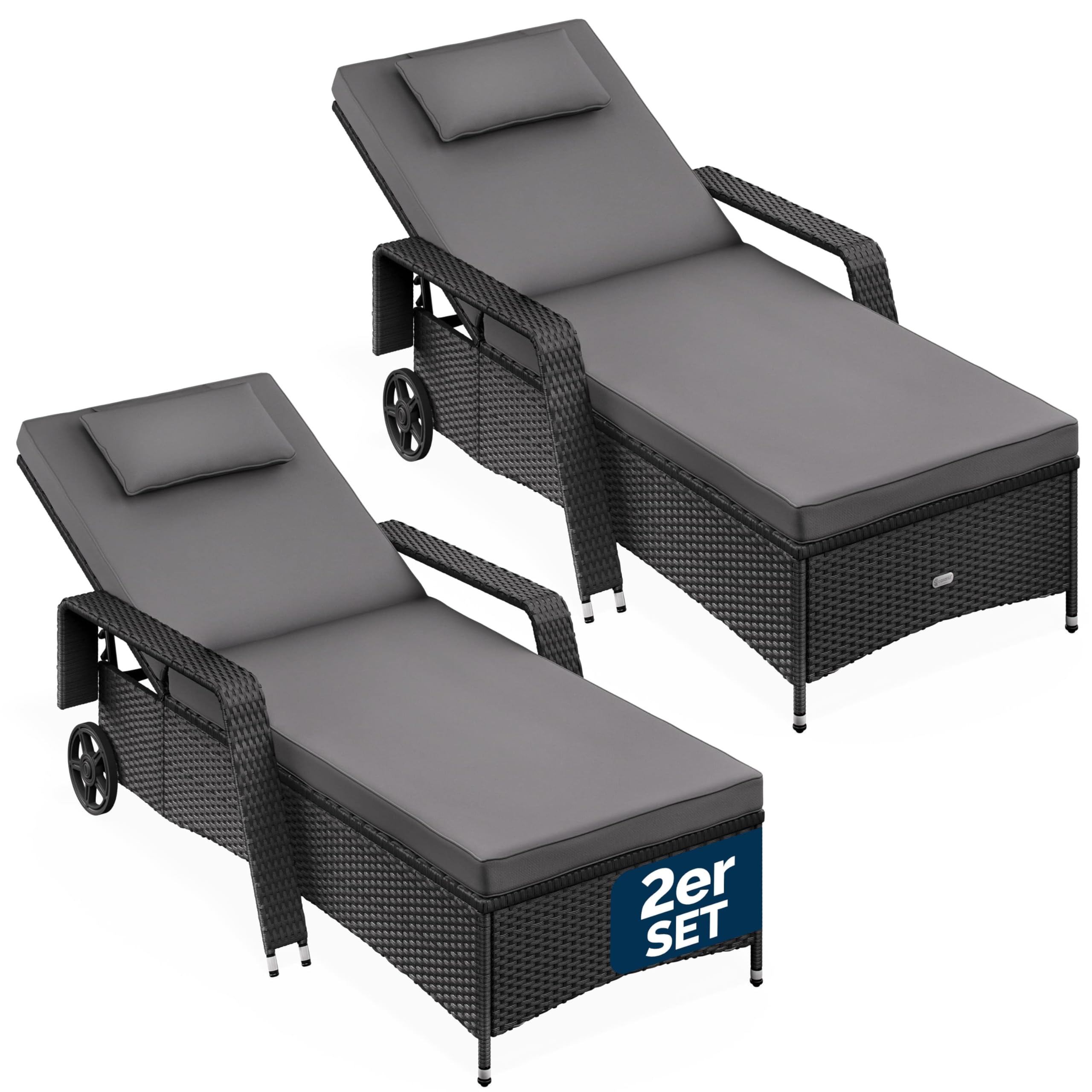 Casaria® Sonnenliege 2er Set mit Rollen 7cm Auflage Extra Breit 90cm Gartenliege Wetterfest 165kg Belastbar Terrasse Balkonmöbel Liegestuhl Schwarz Anthrazit