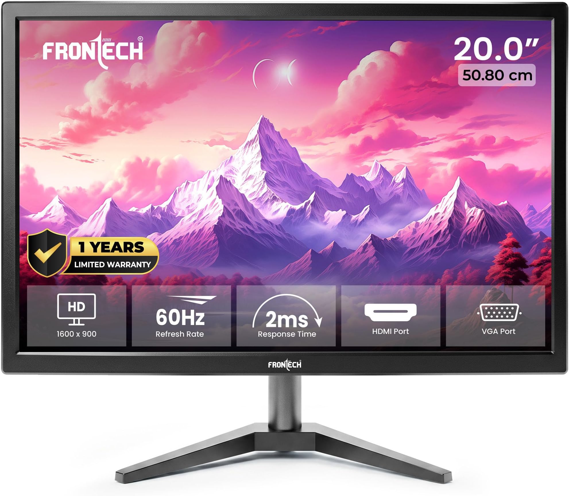 FRONTECH 20 Inch (50.8 cm), LED, HD 1600 x 900, 60Hz, Black, 16.7M Colors, Wall Mountable, Slim & Stylish Design, HDMI, VGA, Built-in Power Supply Monitor (MON-0054)