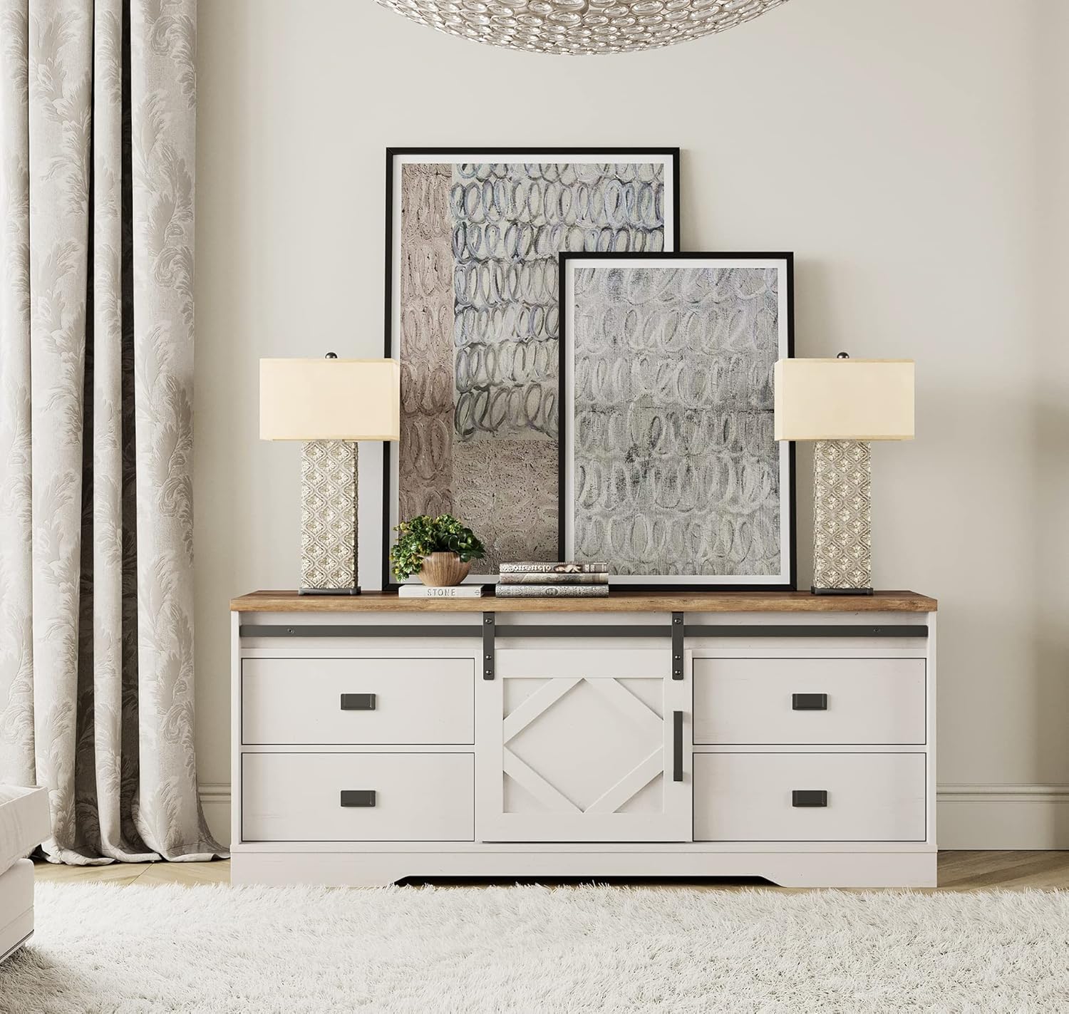 WAMPAT Modern Farmhouse TV Stand for 65" TV with Wood Scoring & Rub Through Distressing, Wood Entertainment Center with Drawers and Slide Barn Door for Living Room,Cream White
