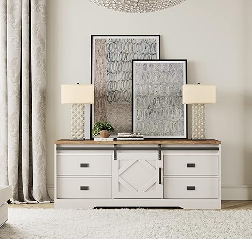 Miniatura 9 de WAMPAT Moderno soporte de TV de granja para televisores de hasta 65 pulgadas, centro de entretenimiento de madera con cajones y estante ajustable