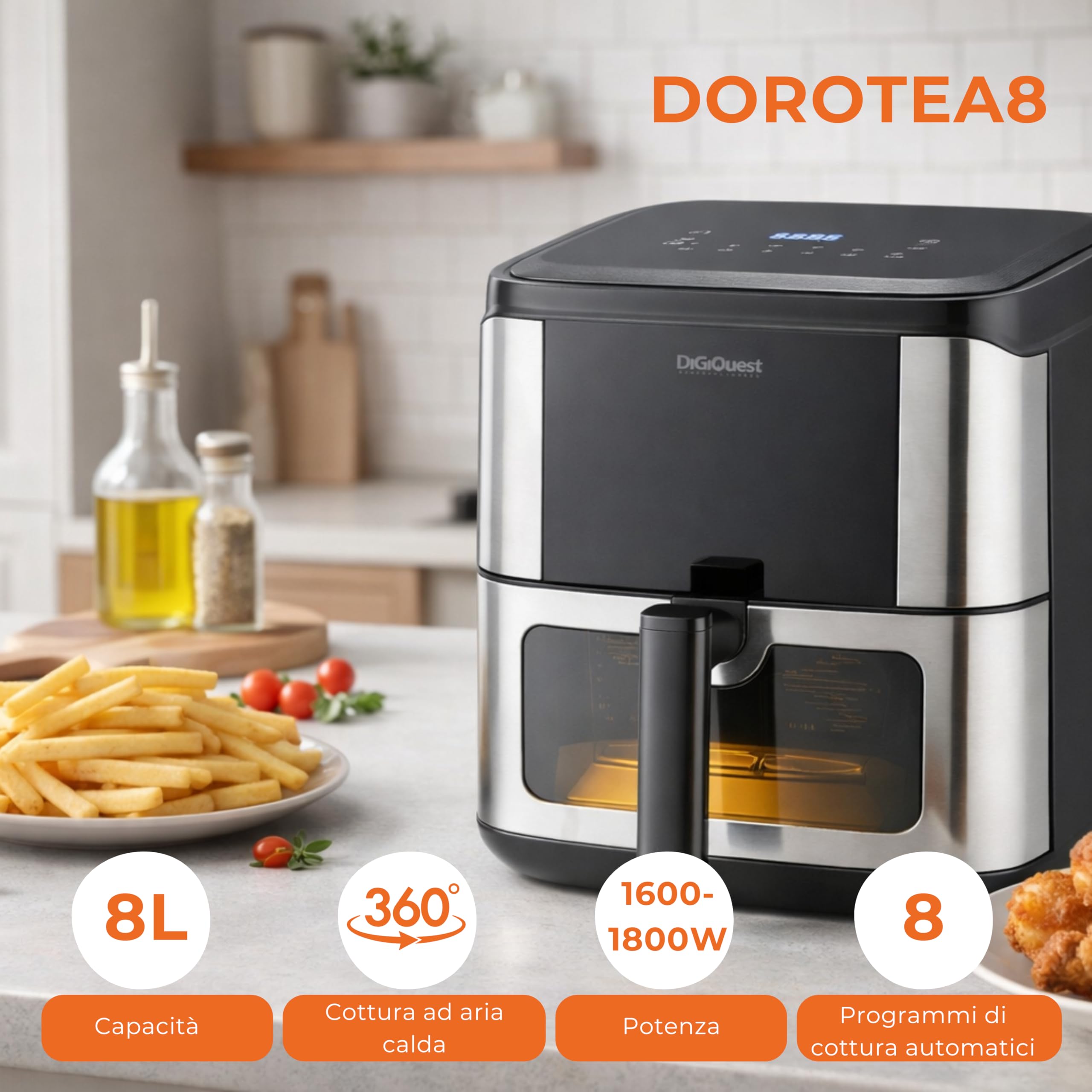 DIGIQUEST DOROTEA8 frytkownica powietrzna 8 l, 1600-1800 W, przezroczyste okienko, wyświetlacz dotykowy, 8 programów, kosz nieprzywierający, gotowanie powietrzem 360°, łatwe czyszczenie