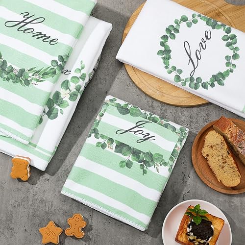 Miniatura 7 de Frienda Juego de 4 toallas de cocina con hojas de eucalipto, color verde salvia, decorativas, de 24 x 16 pulgadas, juego de paños de baño con lazo