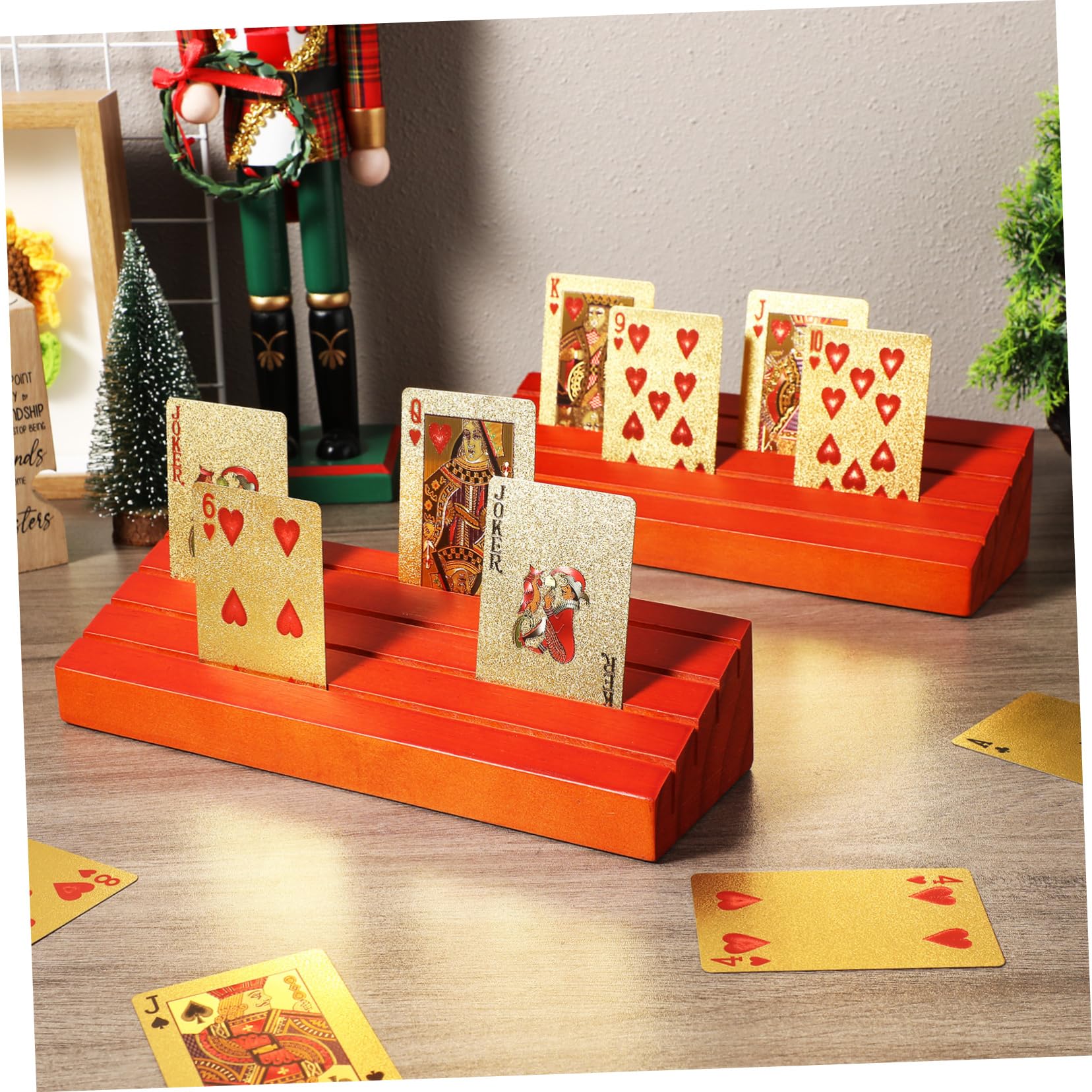 Soporte de Madera para Naipes 2 Piezas Base de Mesa Marrón | Juego para Cartas, Presentación Vertical, Acceso Rápido, Uso en Partidas y Reuniones