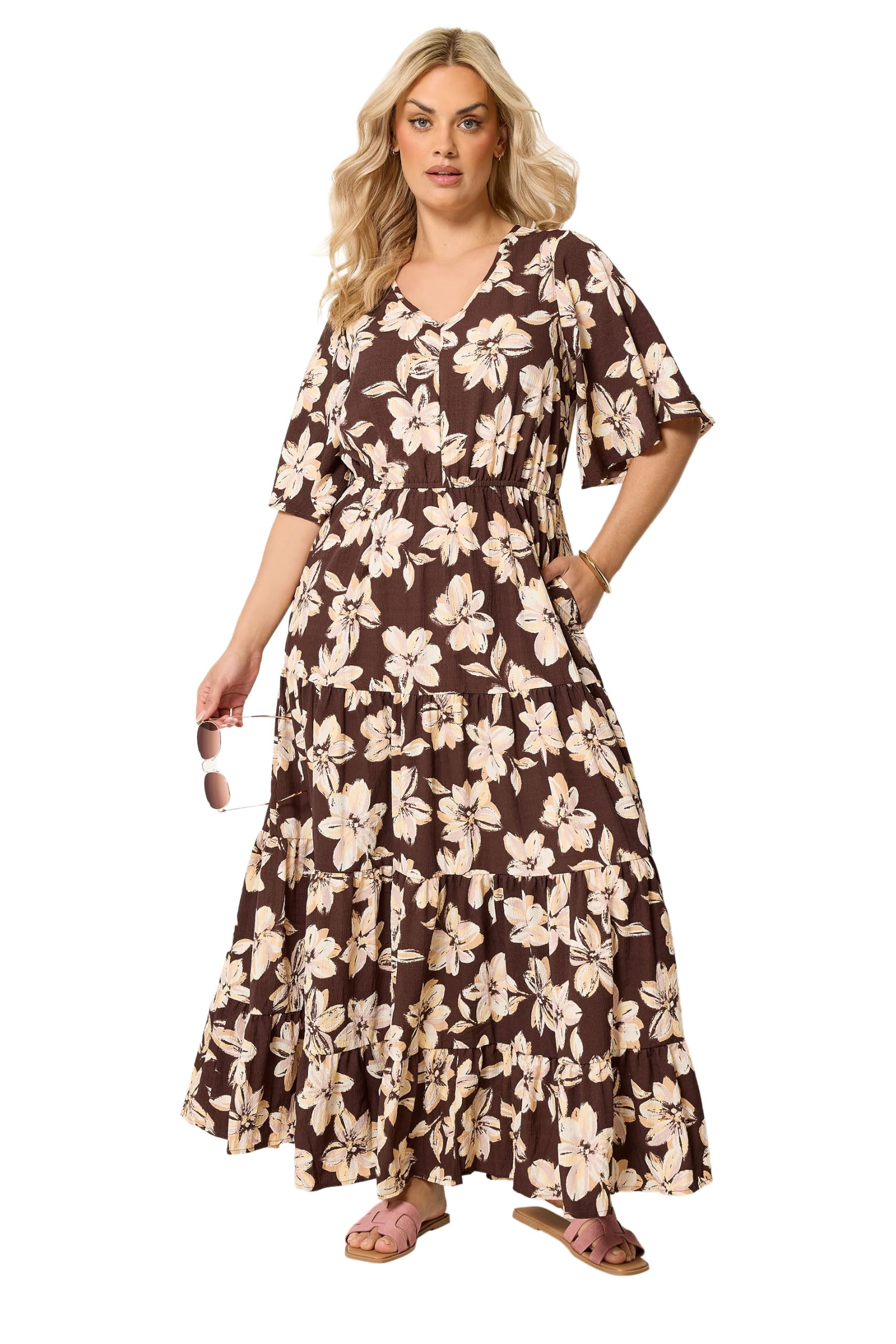 Yours Women's Chocolate Floral Tiered Maxi Dress In | Size: 30/32