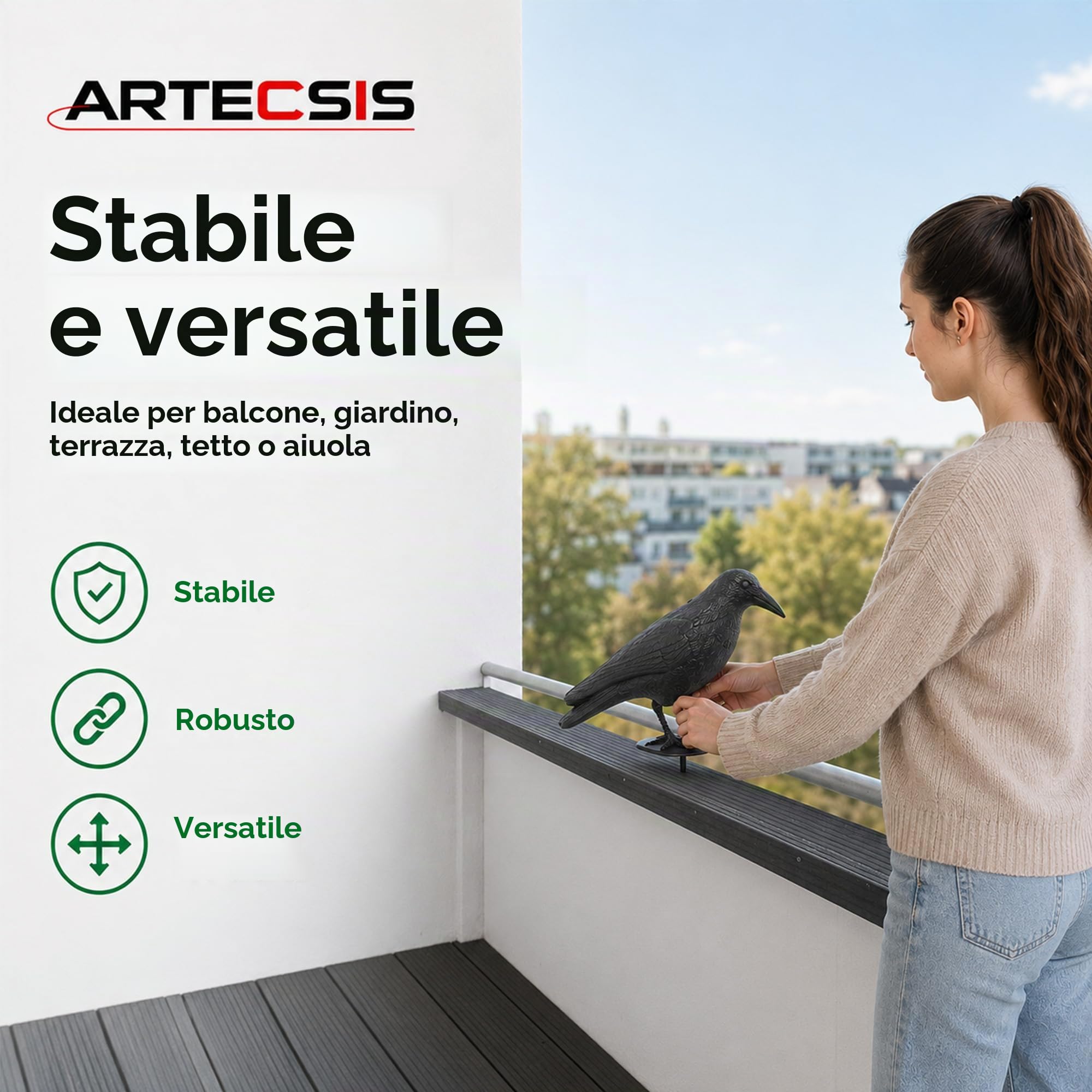 ARTECSIS® Set da 6 corvo finto in plastica anti piccioni e uccelli (38x13x12 cm) - sagoma di corvo resistente alle intemperie per balcone e giardino - spaventapasseri realistico per allontanare