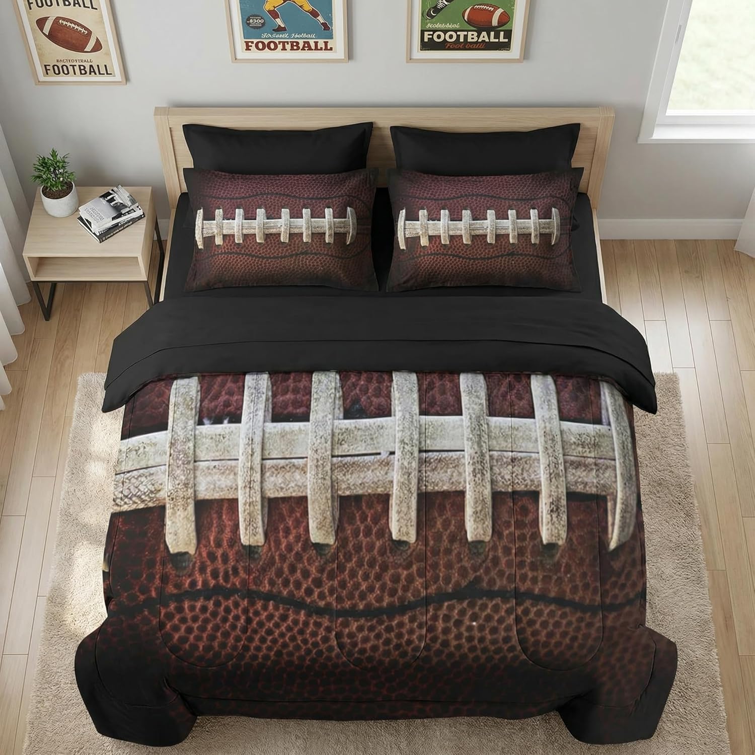 Nesker 7 Pcs Comforter Set Full Size, Sports Ball Bedding Set for Kids and Adults, Boy Rugby Brown Bed Sheet Sets with Fitted Sheet 2 Pillowcases & 2 Shams