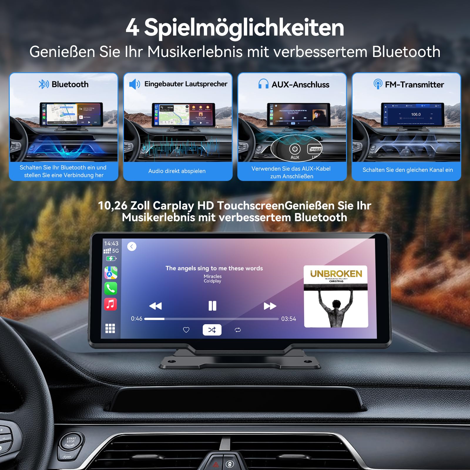 CarPlay & Android Auto Display Car Stereo, Apple Carplay Display mit rückfahrkamera, 10.6" IPS-Touchscreen, OTA-Updates, Airplay, Super Link, GPS Navigation, Siri &G00gle, BT-Audio, FM, AUX