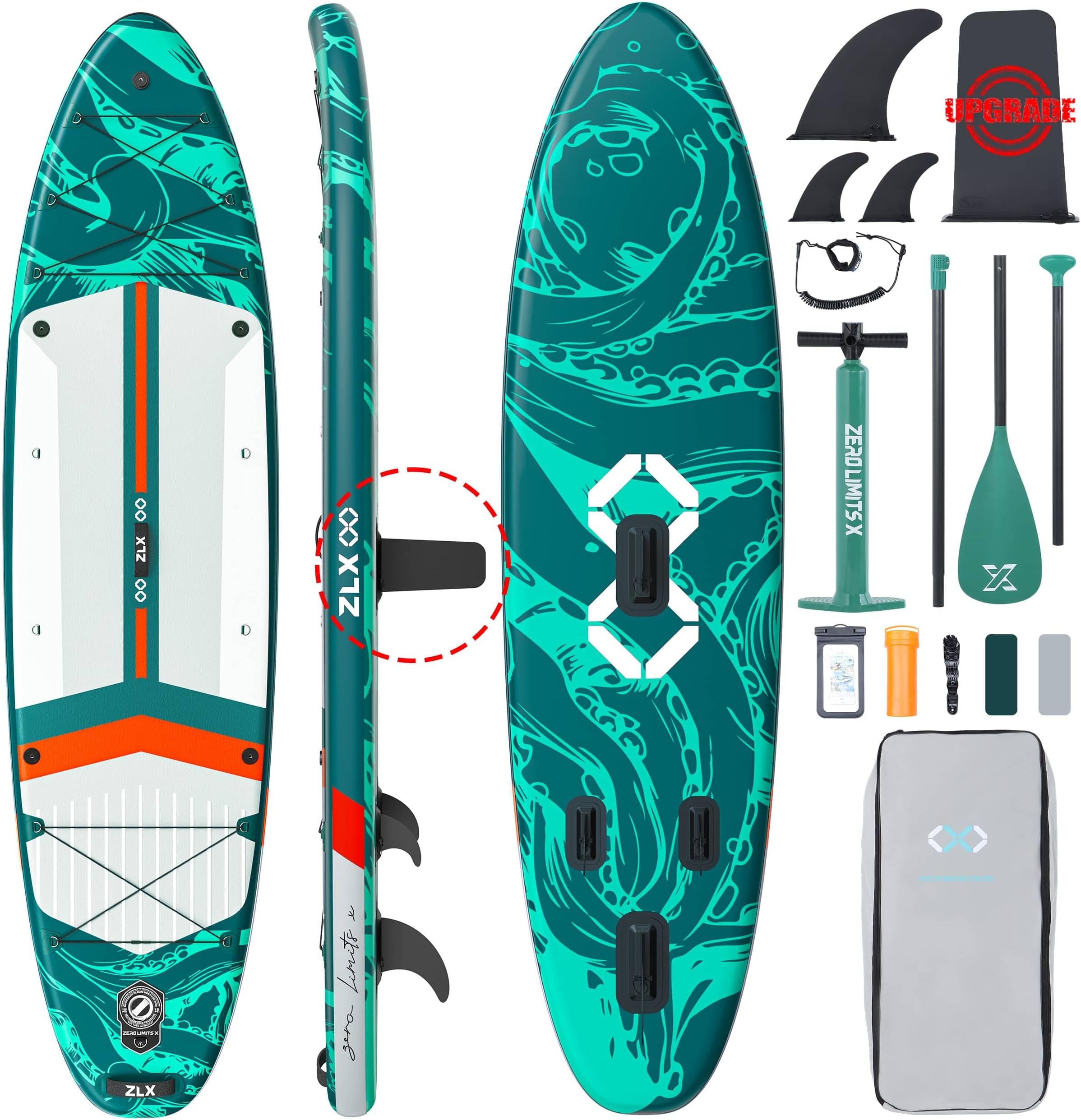 ZLX 11.5 FT Inflatable Stand Up Paddle Board Skill Levels, Adults & Youth - Wide Stable Design, Non-Slip Deck, Adjustable Paddle, Safety Leash, and Carry Bag Included