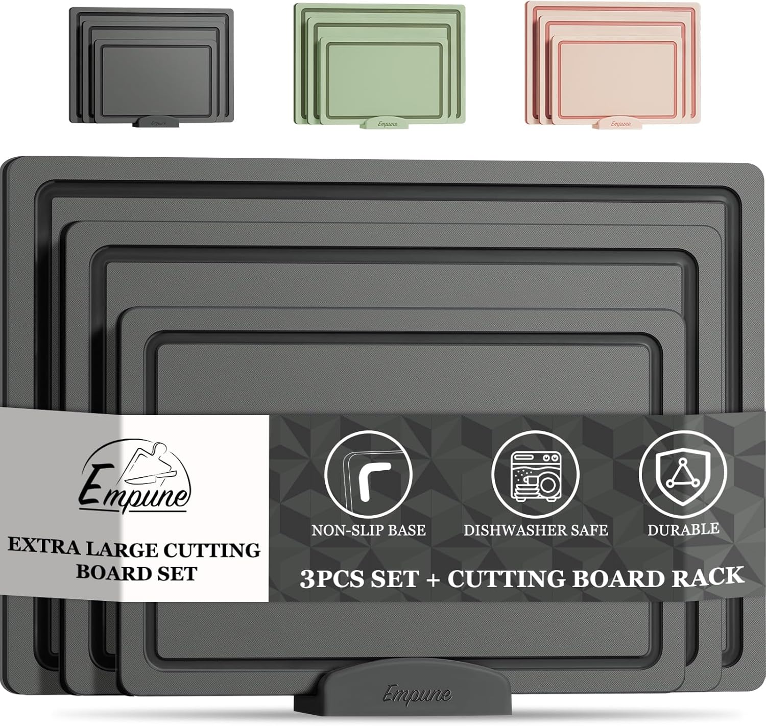 Product image of Empune Plastic Cutting Board Set, Recycled Plastic Cutting Boards for Kitchen (Set of 3), Dishwasher Safe Large Chopping Board with Holder, Non-slip Feet and Juice Grooves, Nonporous, Grey