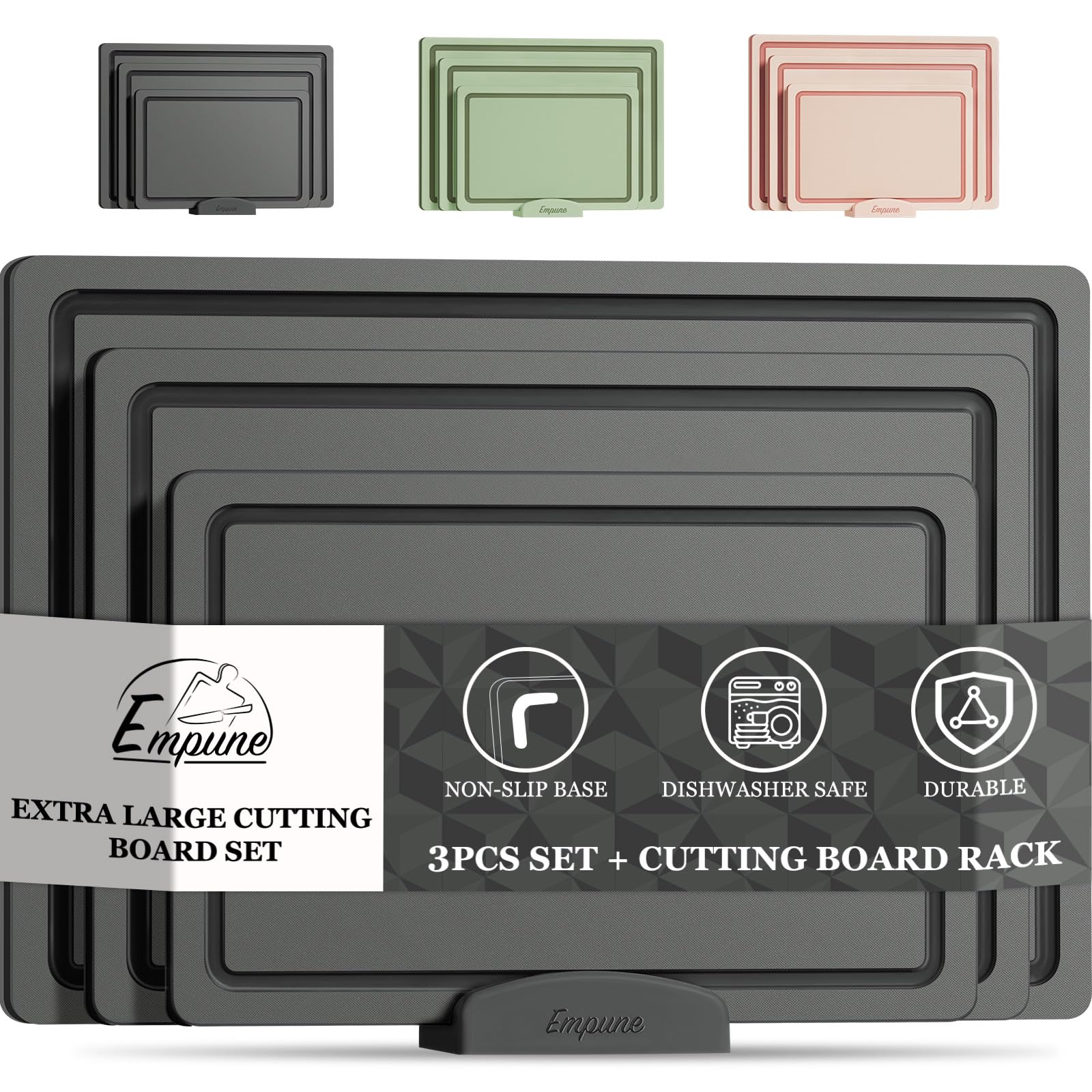 Empune Plastic Cutting Board Set, Recycled Plastic Cutting Boards for Kitchen (Set of 3), Dishwasher Safe Large Chopping Board with Holder, Non-slip