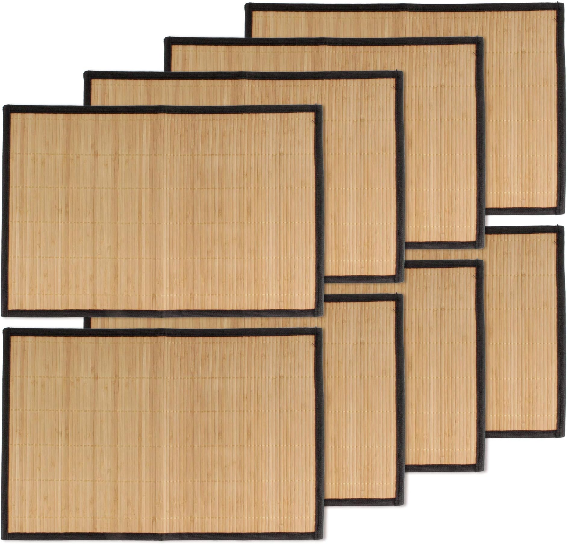 BambooMN Bamboo Slats Placemat with Fabric Border - Solid Colour Print - 17.5" x 12" - Brown with Black Border, 8 pcs