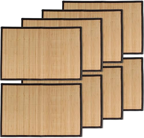 BambooMN Mantel individual de listones de bambú con borde de tela, estampado en color sólido, 17.5 x 12 pulgadas, marrón con borde negro, 8 piezas