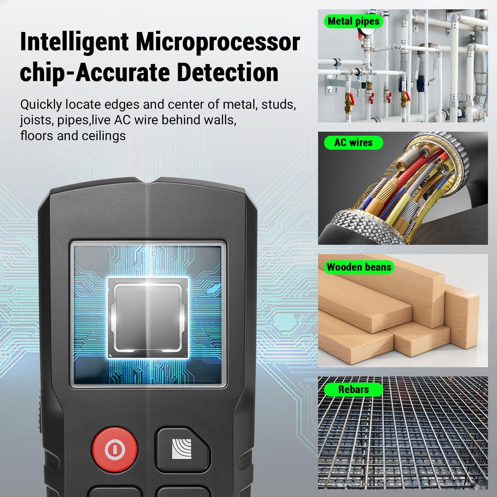 Leitungssuchgerät 5 in 1 Ortungsgerät mit Smart Chip & HD-LCD, Kabelfinder Leitungsfinder für Stromleitungen, Holz, Eisenmetalle und Wechselstromkabel, Wandscanner Detektor mit akustischer Warnung