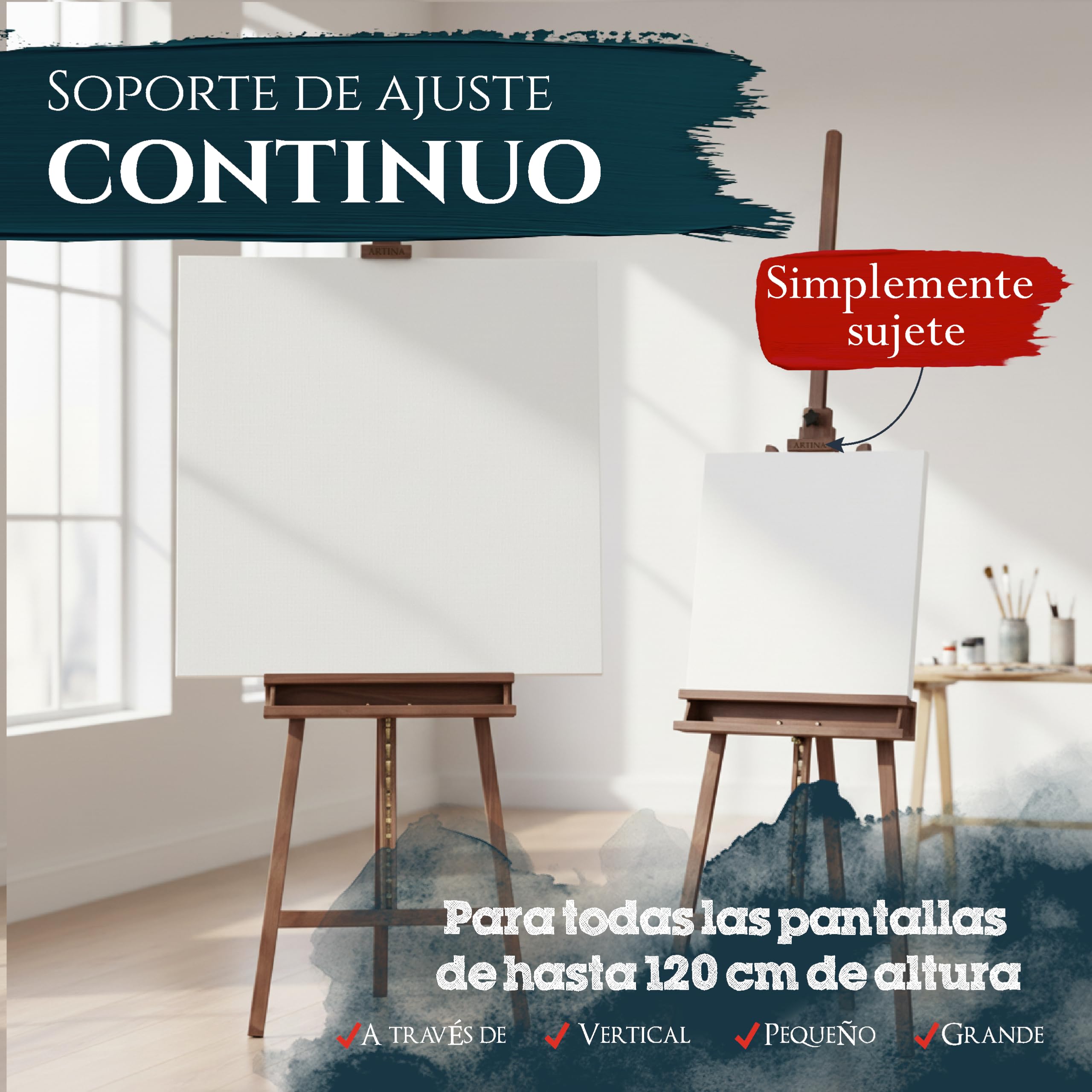 Artina caballete madera pintura profesional FSC® con doble soporte altura | bastidores con 120cm - 225cm ajustable para pintar lienzos grande Caballetes plegable bastidor pie atril oleo Barcelona