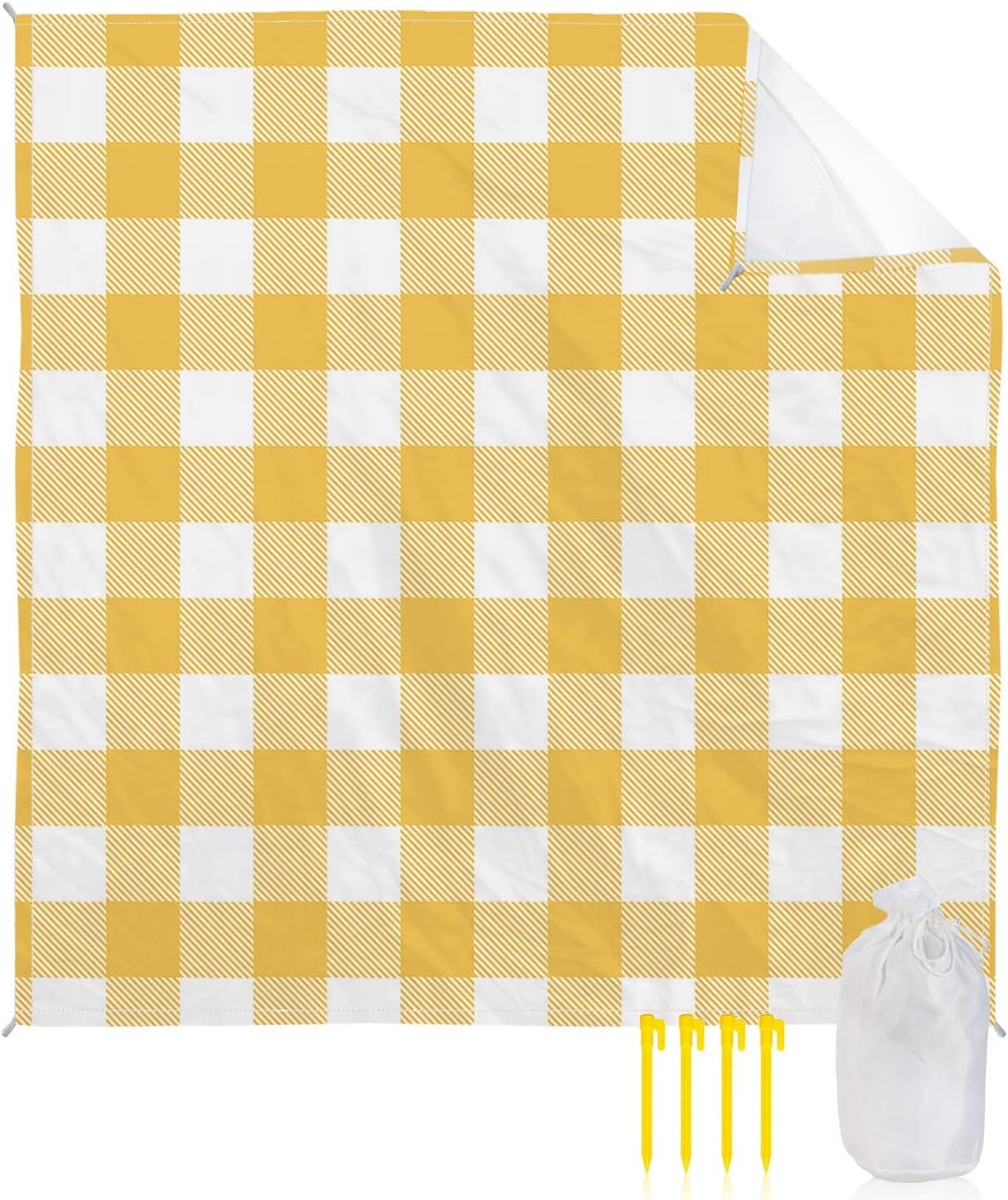 Rustic Farmhouse Buffalo Plaid Beach Blanket Waterproof Sandproof Outdoor Picnic Mat 118"x108" Yellow White Lattice Lightweight Large Beaach Blankets with 4 Stake & 4 Corner Pockets