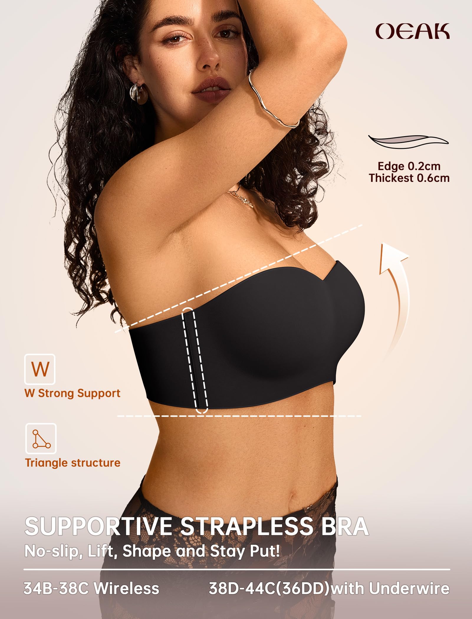 OEAK Reggiseni da donna senza spalline con ferretto multiway antiscivolo a tubo top push up bralette senza cuciture imbottito reggiseno a fascia, nero, (44) C
