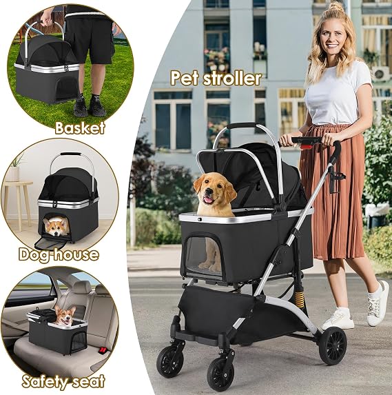 MAMIZO 3-in-1 Pet Stroller, Foldable Dog Cat Pushchair with Storage Basket
