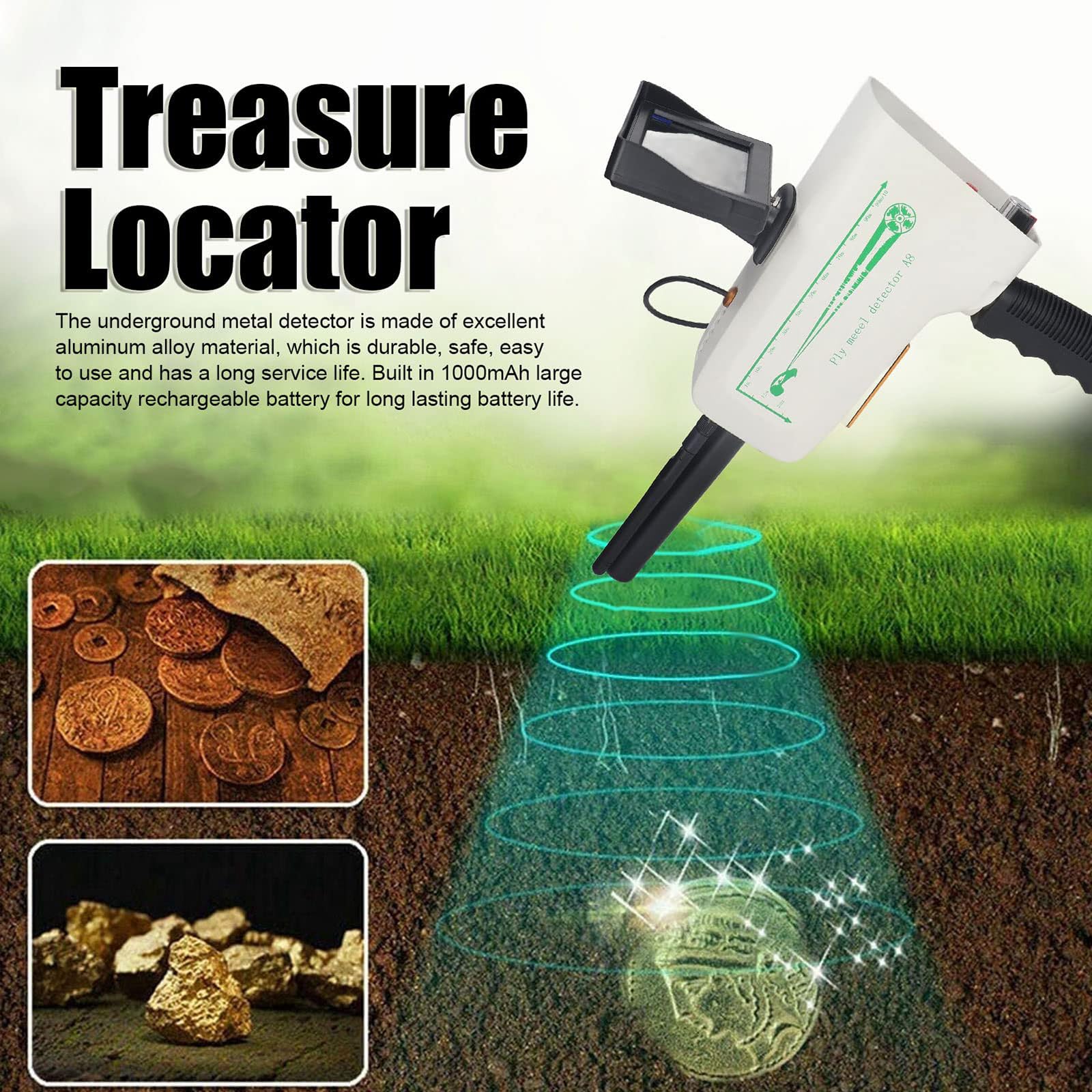 Detector Metales SubterráNeo, EscáNer Metales Profesional, Buscador Tesoros con Pantalla Alta DefinicióN, Alcance 1000M, Profundidad 30M, Detector Metales para Oro, Plata, Cobre Y Diamantes,White