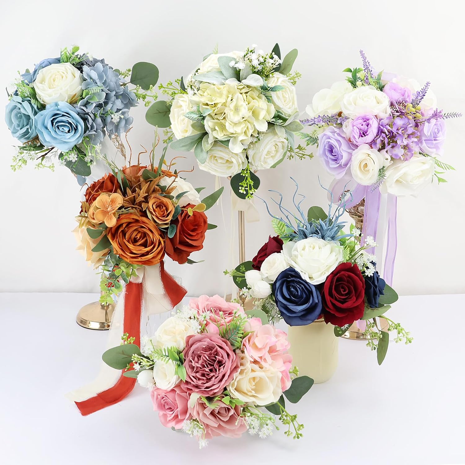 Set of 4 Bridesmaid Bouquets for Wedding - Silk Artificial Ivory Bridesmaid Flowers, Pre-Made Roses Sage Green Boho Bridal Floral for Bride Party Ceremony Anniversary Decoration - 9inch