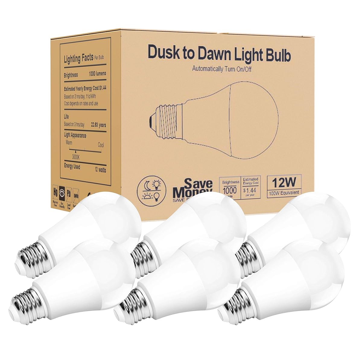 Torkase Outdoor Dusk To Dawn Light Bulbs, 12W(100W Equivalent), E26 3000K,