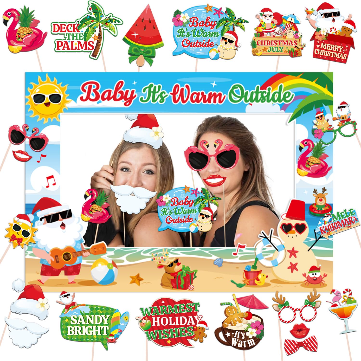 Summer Christmas Party Decorations Photo Booth Props,21pcs Baby It's Warm Outside Hawaiian Christmas Photo Booth Frame and Props Snowman Santa Claus Theme Party Supplies