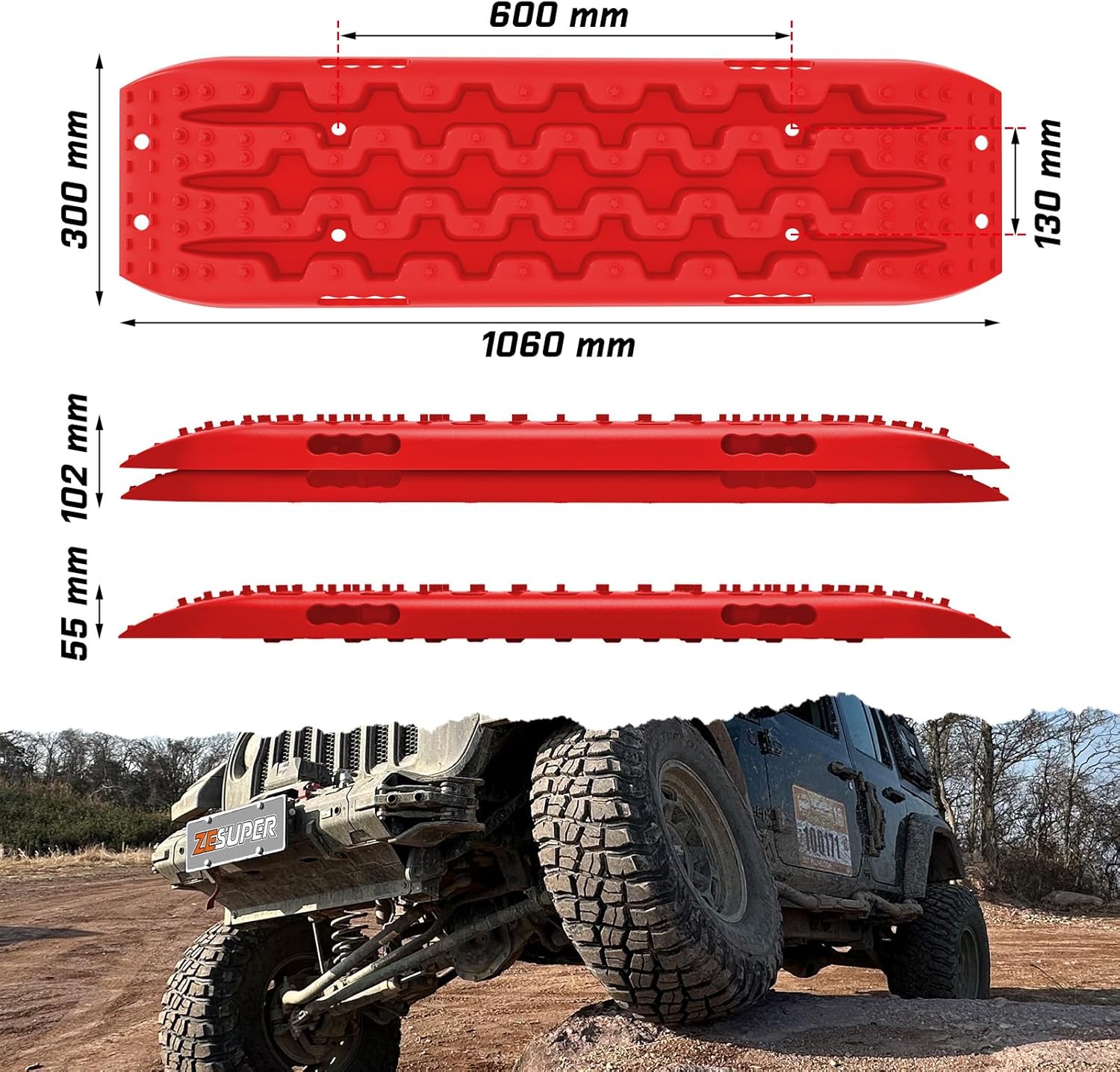 ZESUPER Recovery Traction Tracks for Sand Snow Mud, Recovery Traction Boards with high Toughness, Recovery Traction Mats for 4WD Red