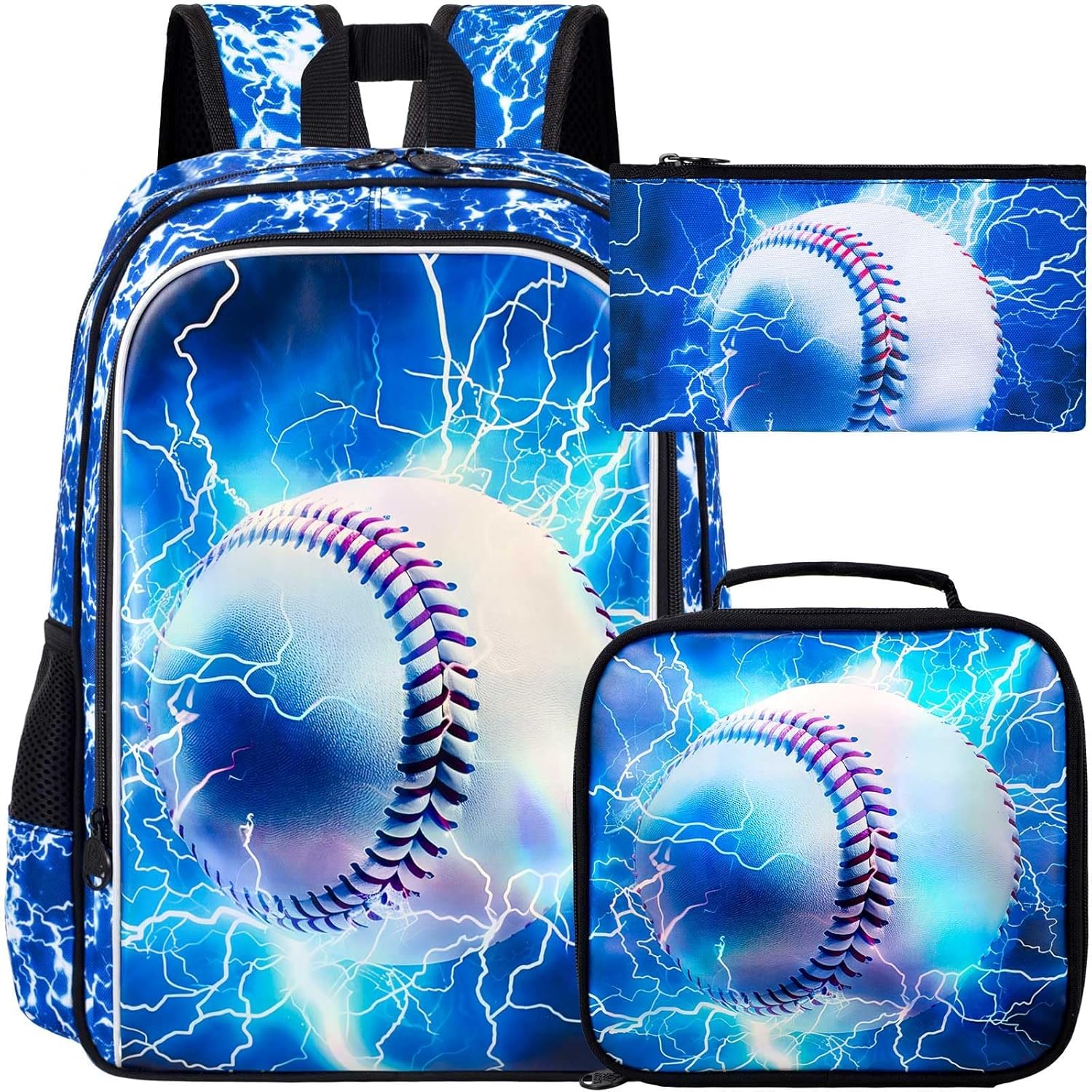 UFNDC 3PCS Boys Baseball Backpack, Kids Lightning School Bag with Lunch Box, 17" Water Resistant Bookbag for Teenagers Elementary Middle