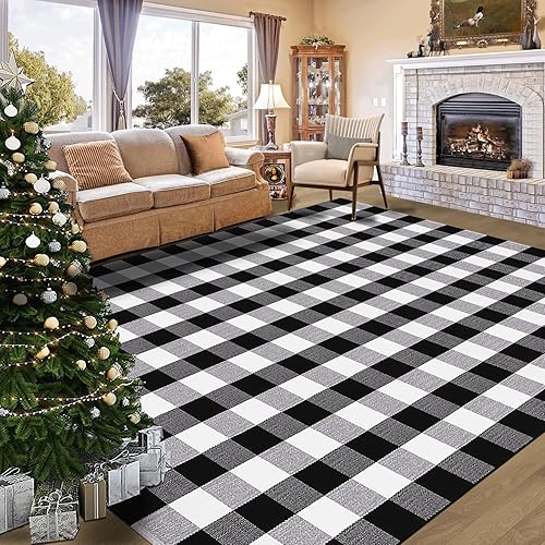Alfombra a cuadros en blanco y negro de 5.5 x 7.5 pies, alfombra de algodón tejida lavable para interiores y exteriores, comedor, dormitorio, sala