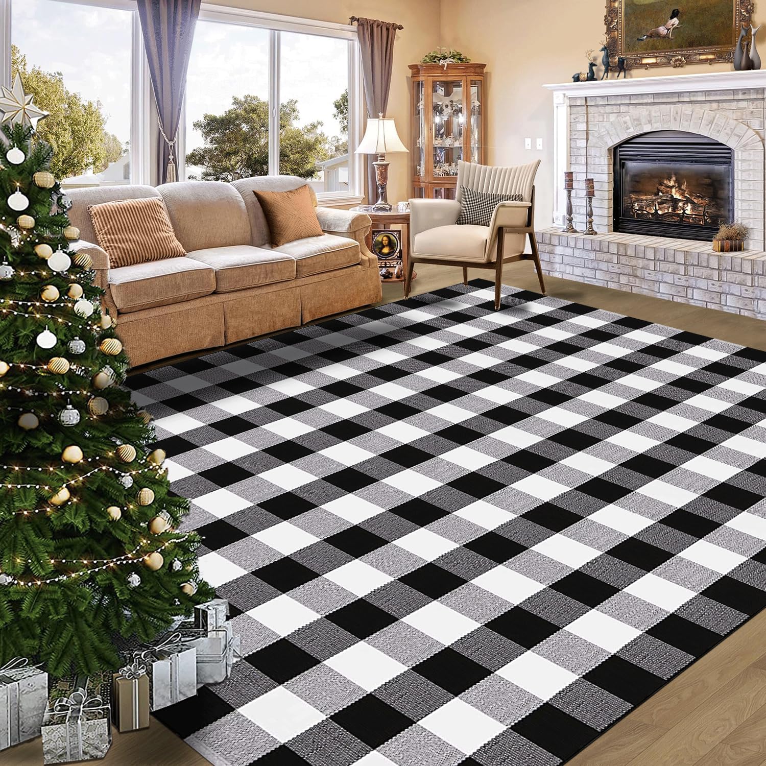 Amazon.com: HOYIJA Black and White Checkered Area Rug 5.5' x 7.5' Buffalo  Plaid Rug, Cotton Woven Washable Check Rug for Indoor and Outdoor, Dining  ...