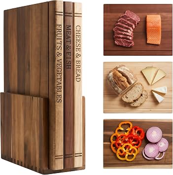 Book Cutting Board Set of 3 with Stand - The Cutting Board Library, Wood Cutting Boards & Wooden Utensil Set - Charcuterie Boards for Kitchen, Home Decor Gift