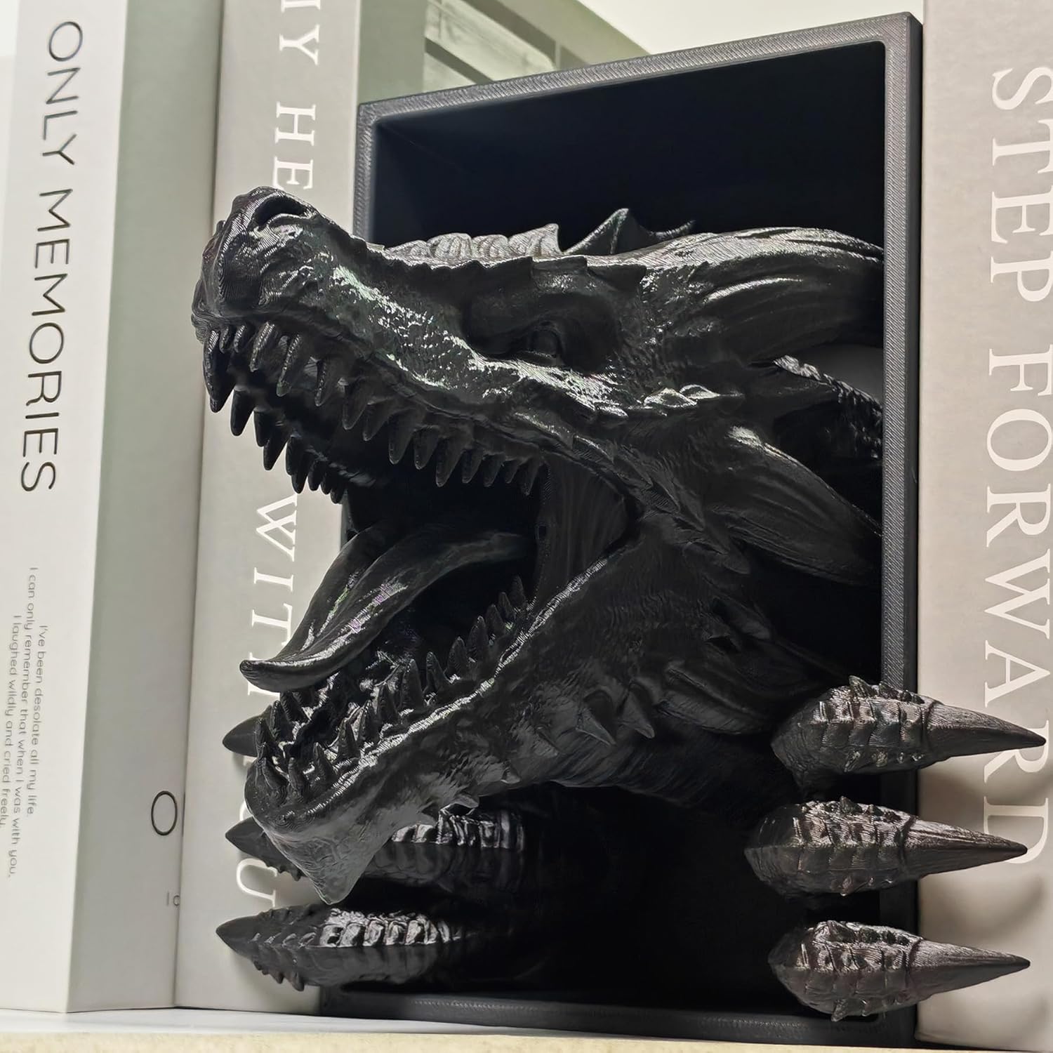 Black 3D Dragon Head Bookends - Sharp Fangs & Claws, Fantasy Decor for Home/Office Bookshelf (Black)