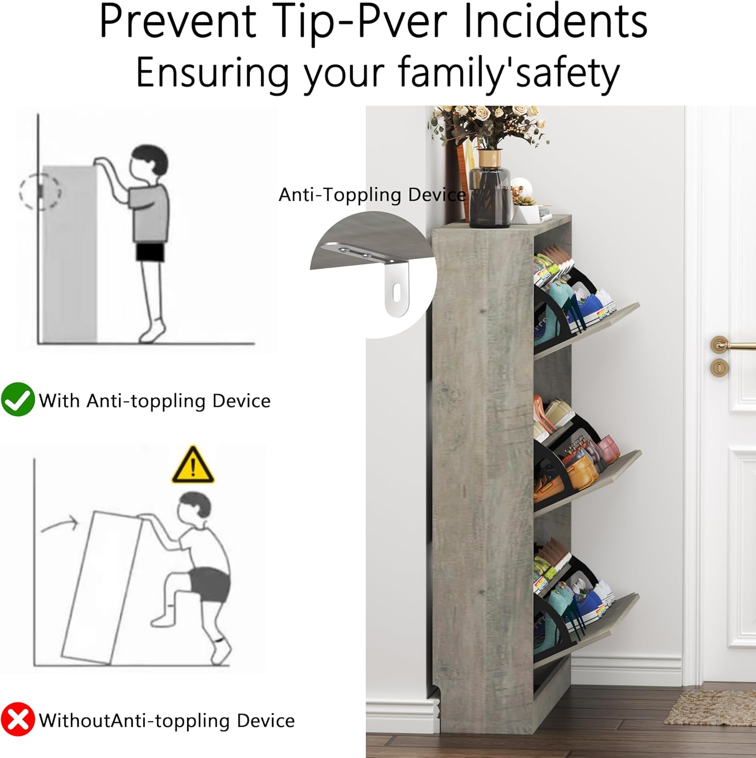 Diagram illustrating the anti-tipping device installation and warning against tipping without it.