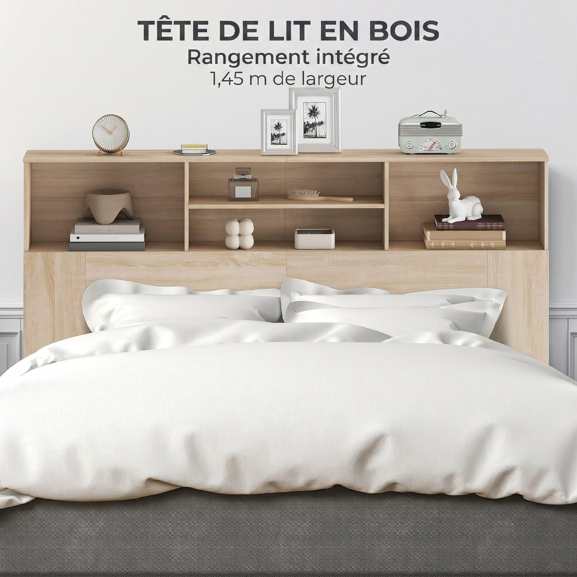 HOMCOM Tête de lit sur Pied 160 cm avec rangements, Accessoire de lit Moderne avec 4 Compartiments Ouverts pour Chambre, 160 x 20,2 x 108,2 cm, Bois Naturel