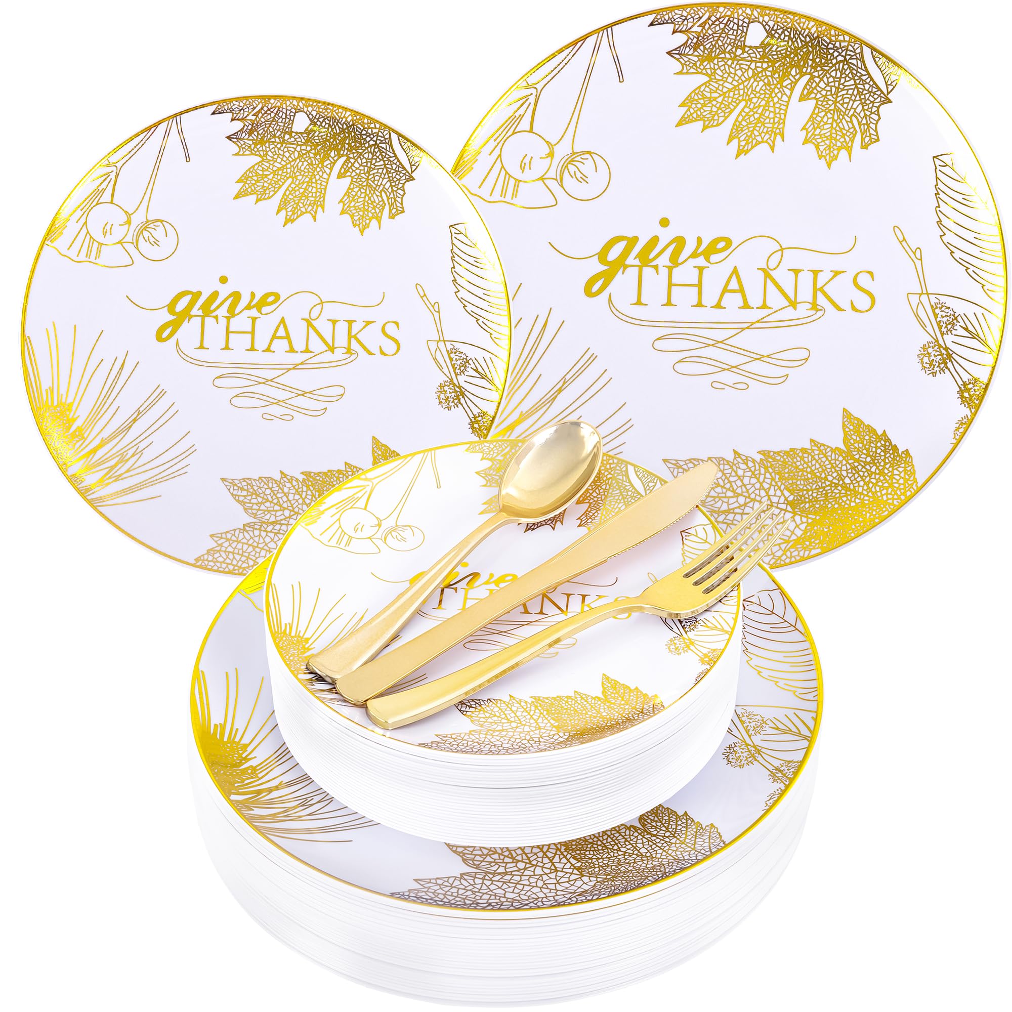 Wedding Plates & Silverware Set - 125PCS Gold & White -17