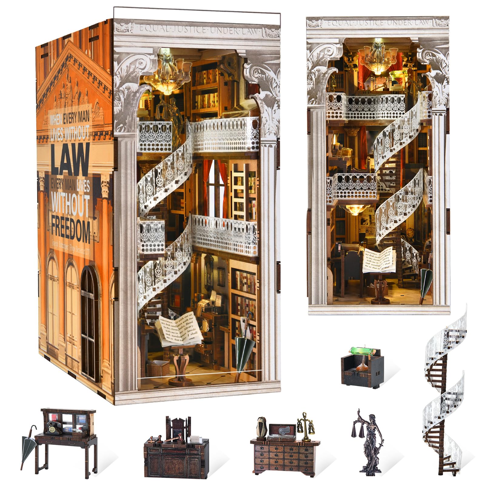 MiniCity DIY Book Nook Kit, Miniature Dollhouse Booknook Kit, 3D Wooden Puzzle Bookend Bookshelf Insert Decor with LED Light for Teens and Adults (Law